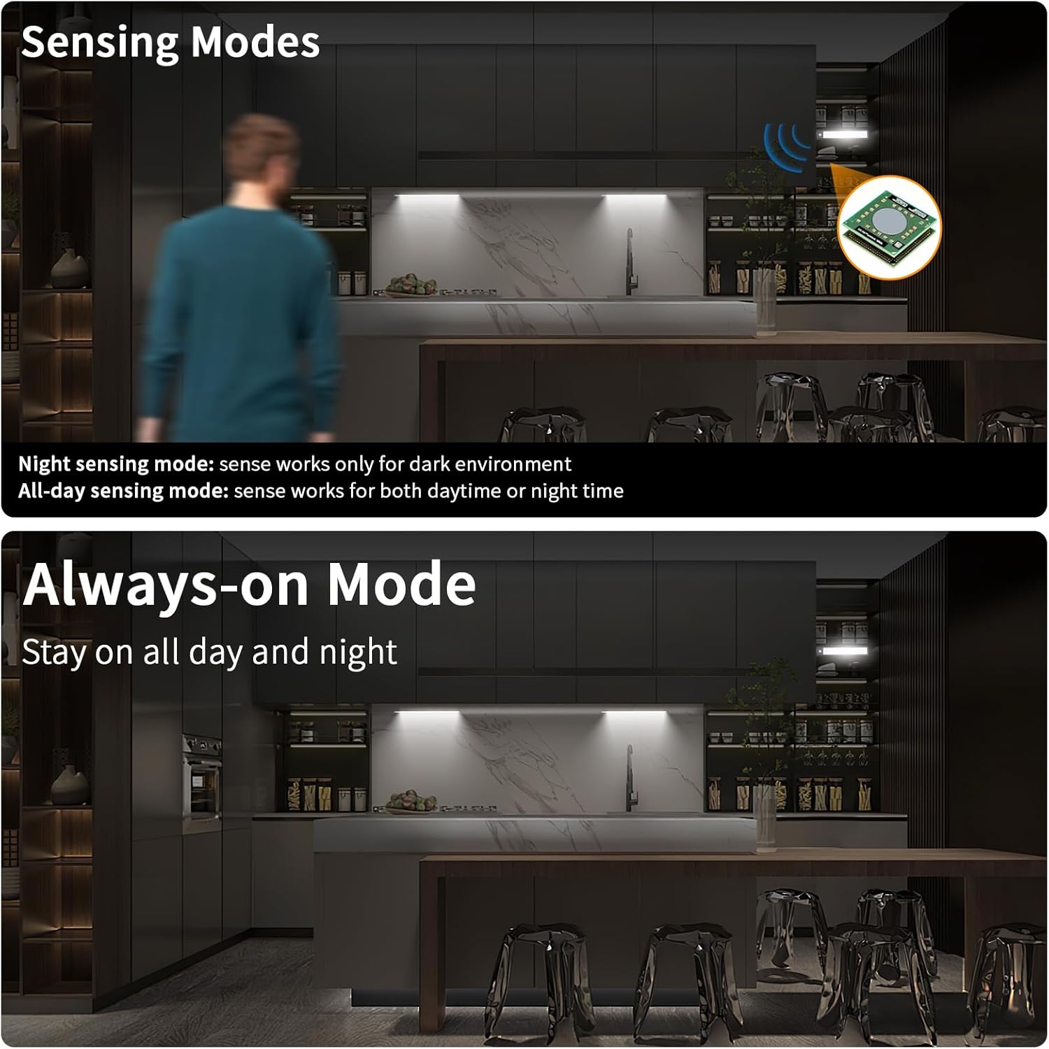 Under Cabinet Lighting, Motion Sensor 54 LED Under Cabinet Lights, 2Pack Rechargeable, 12inch 3 Colors Dimmable Closet Lights Under Counter Lights for for Kitchen, Shelf, Stair, Hallway(Black)