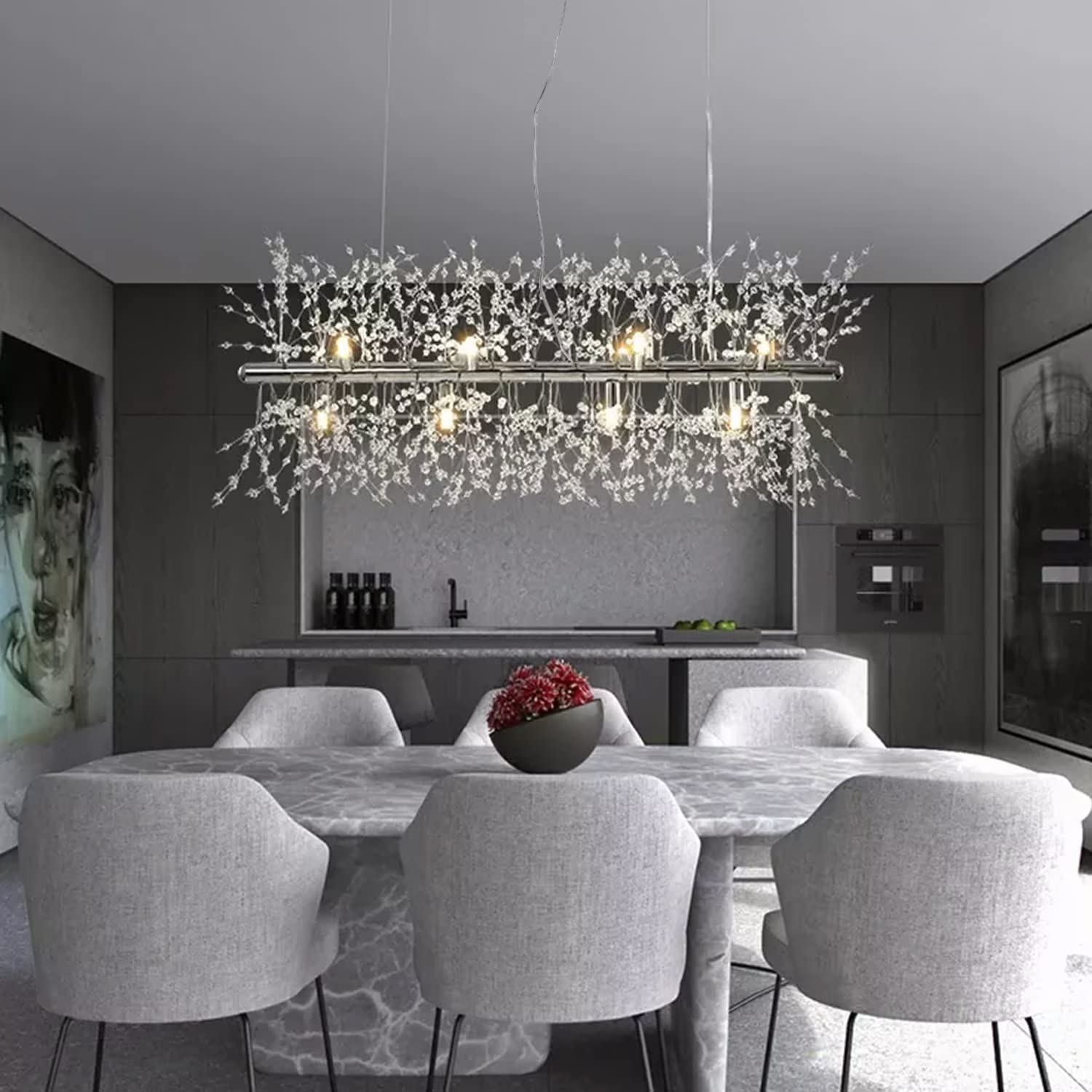 Araña de cristal moderna, araña de plata de 12 luces para comedor, araña para salón cocina dormitorio 92cm largo