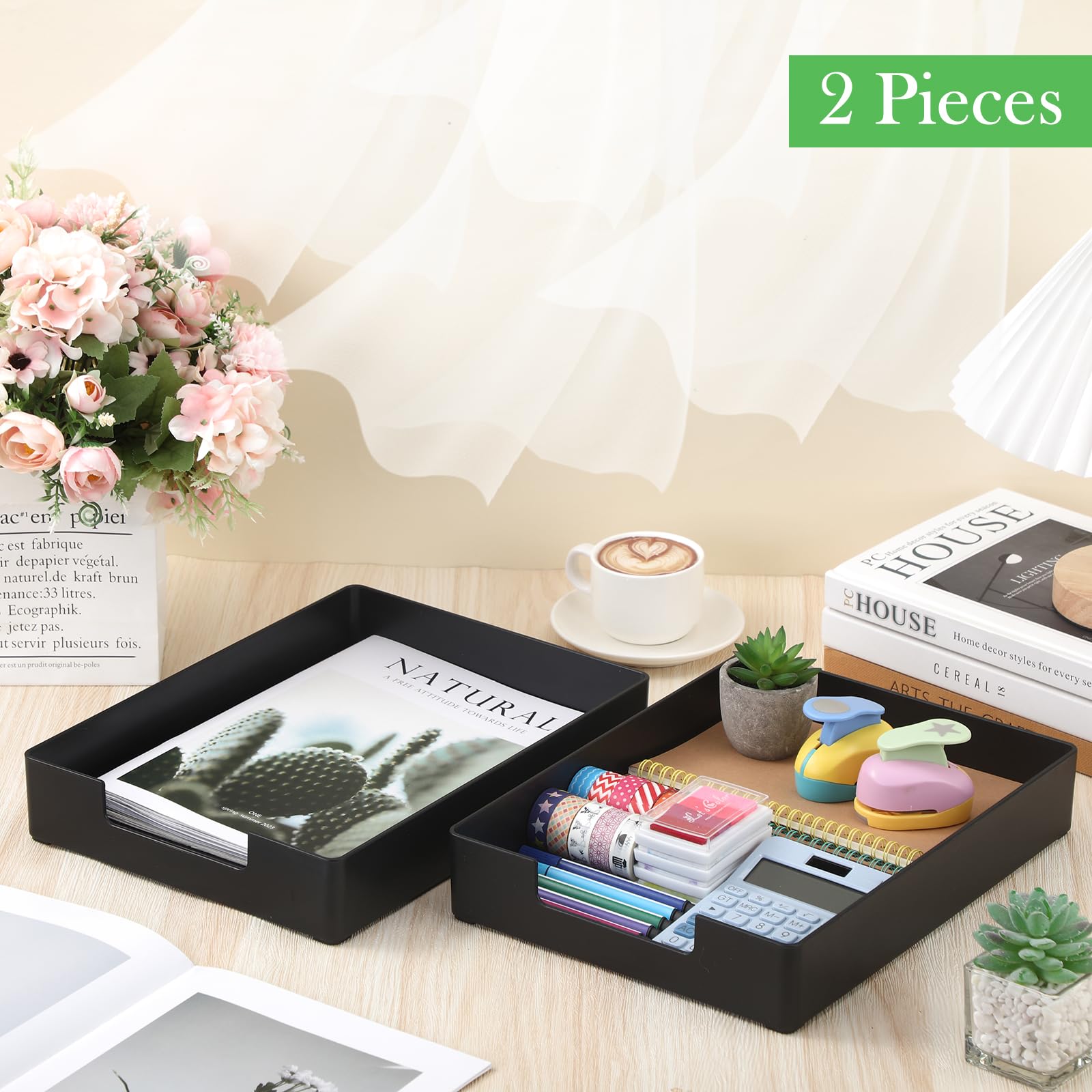 Cinnvoice 2 bandejas apilables para cartas, 12.99 x 9.65 x 2.28 pulgadas, rectangulares de plástico, organizadores de archivos de escritorio para cartas, oficina, escritorio, aula, cajón de