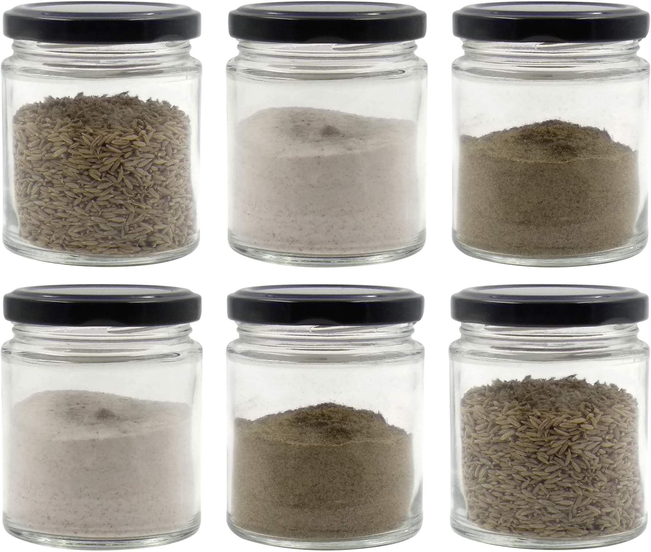 Farkraft 200 ML Glass Jar Round Shape,with Black Metal Color Cap Rust Proof Air Tight, (Set of 6 Pcs)