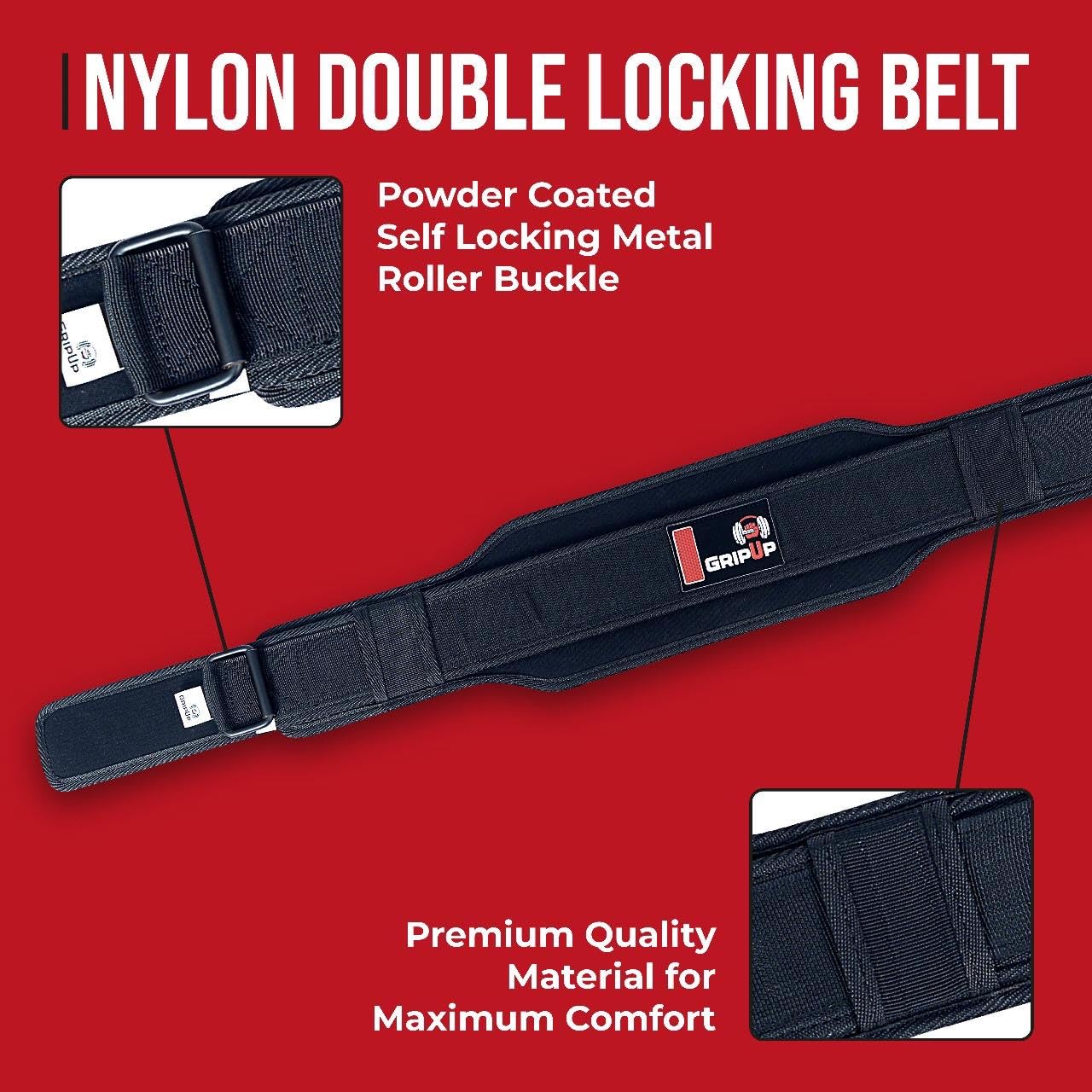 Grip Up Heavy Duty Weightlifting Belt Men & Women Reinforced Powerlifting Belt Premium EVA Foam Padding Adjustable Roller Buckle for Squats Deadlifts Bodybuilding & Strength Training GP-002 (Black, XL)