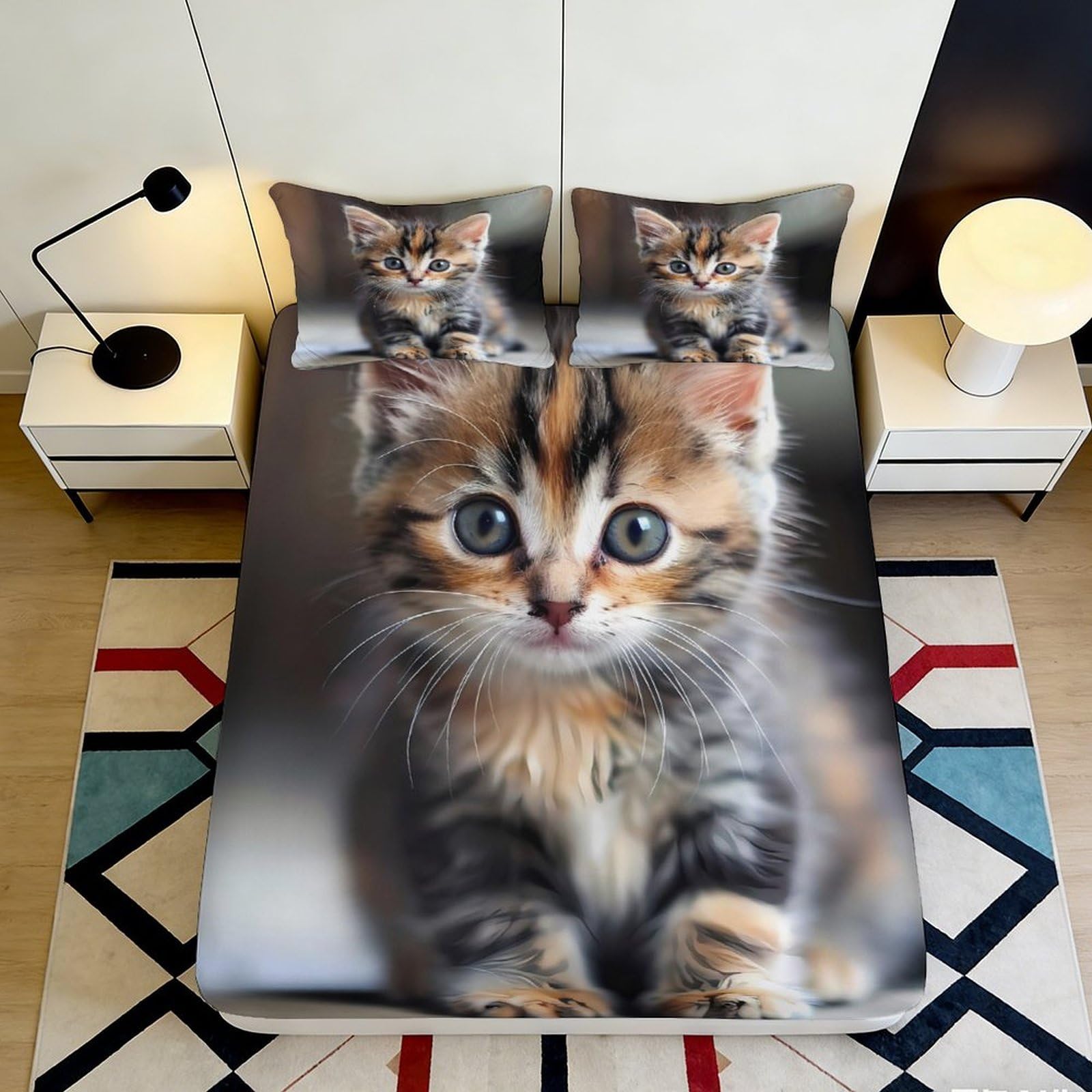 3D Printed Cute Kitten Fitted Sheet Microfiber Soft Non Slip Cat Face Mattress Cover for Bedroom Dorm Decor 180x200x25cm