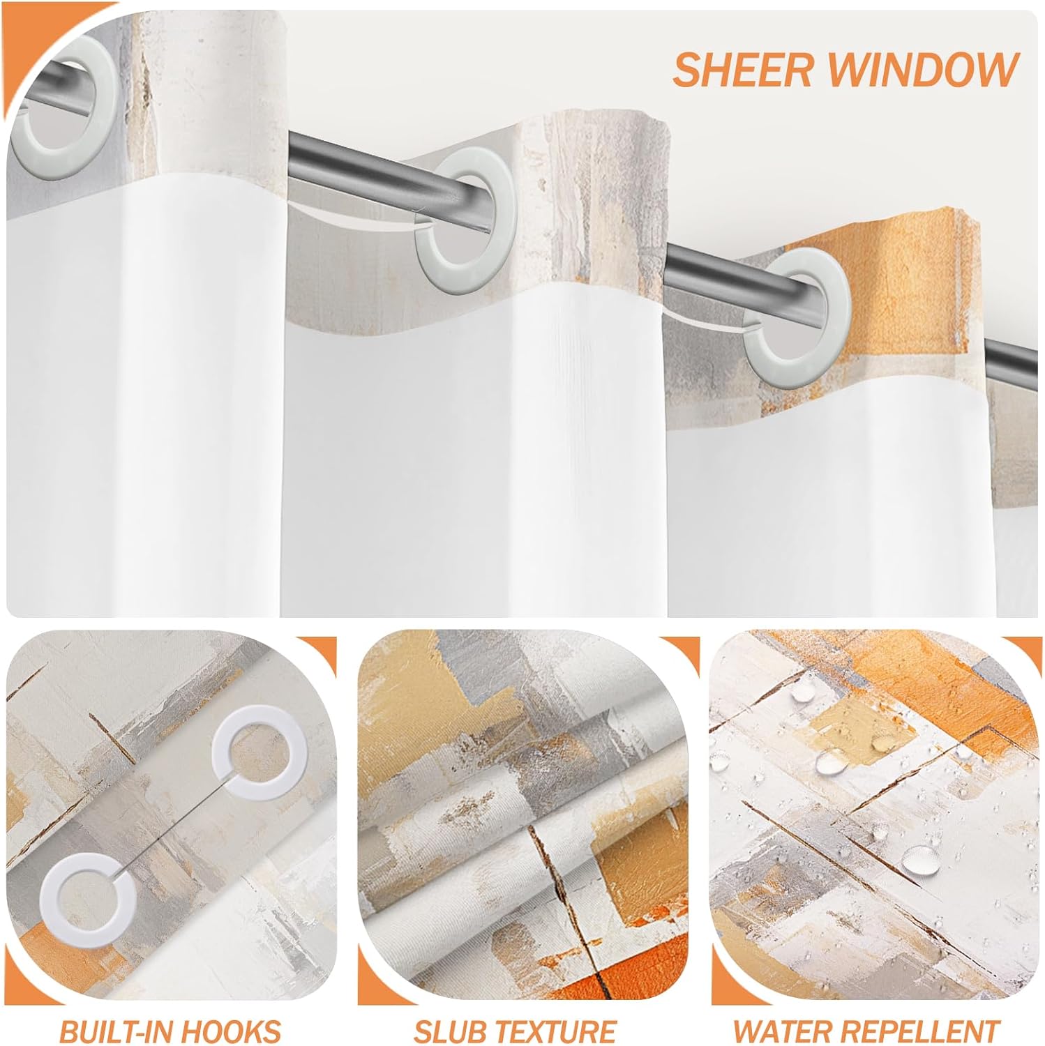 Hookless Shower Curtain with Snap in Liner, Orange Grey No Hook Shower Curtain with Liner Set, Watercolor Bathroom Curtain with Liner and See Through Top Window Bathroom Decor Set 71x74 Inches