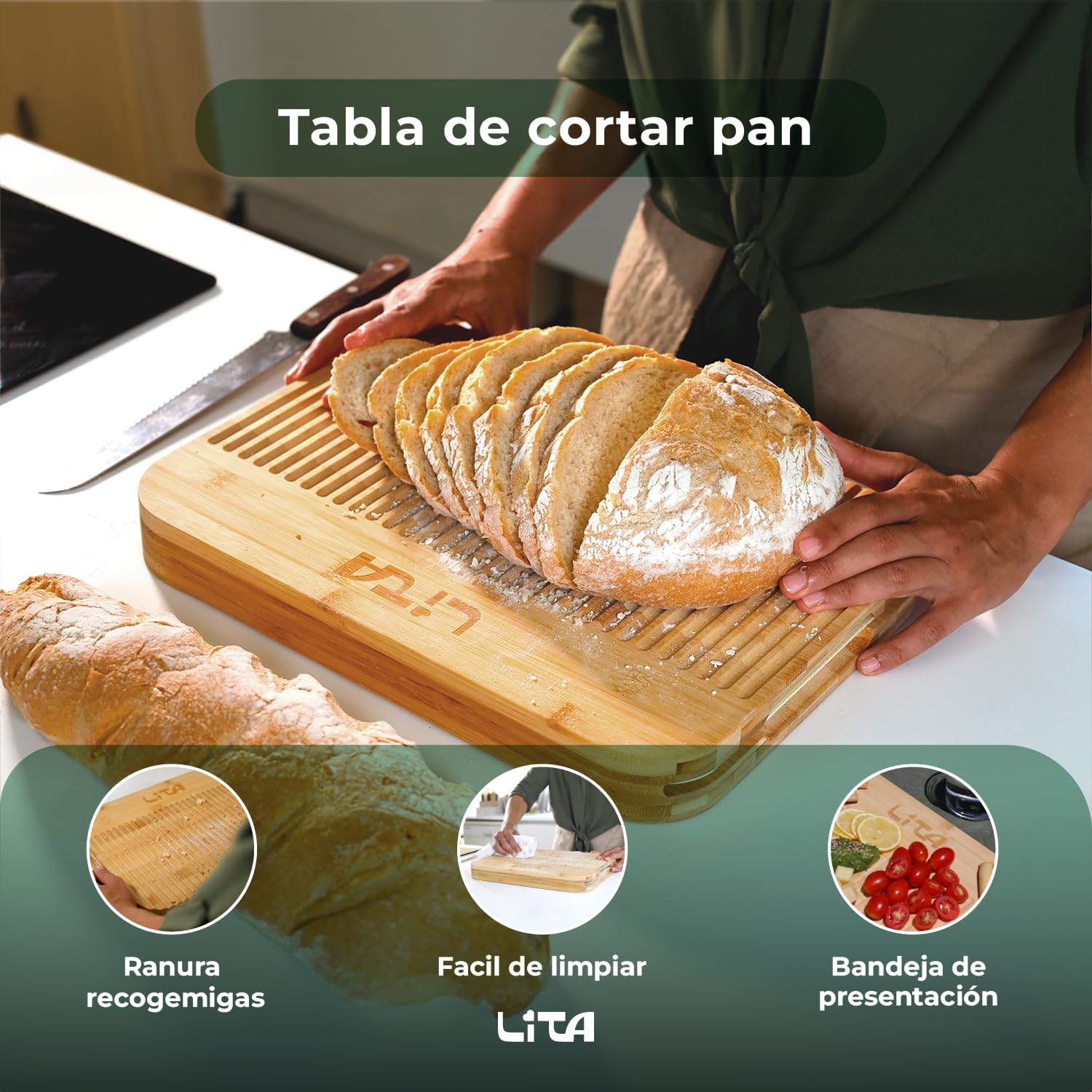 LITA Tabla de Cortar de Bambú Antibacteriana 36,5 x 27 x 4 cm, Doble Cara con 3 Alfombrillas Intercambiables, Tabla de Cocina para Carne, Pescado, Verduras y Pan, Libre BPA