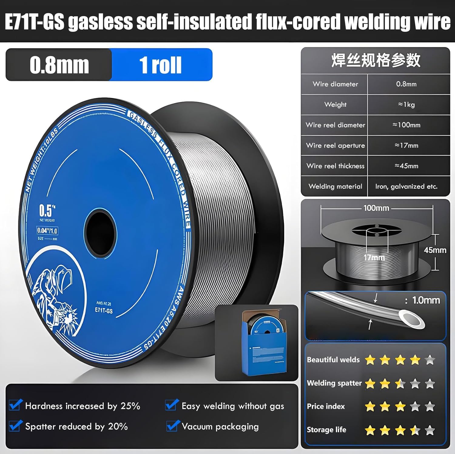 Solido filo per saldatura MIG – E71T-GS 0,1 cm in acciaio dolce MIG – per tutte le posizioni saldatura a gas infrangibile ABS bobina 0,8 mm 1 kg confezione da 3