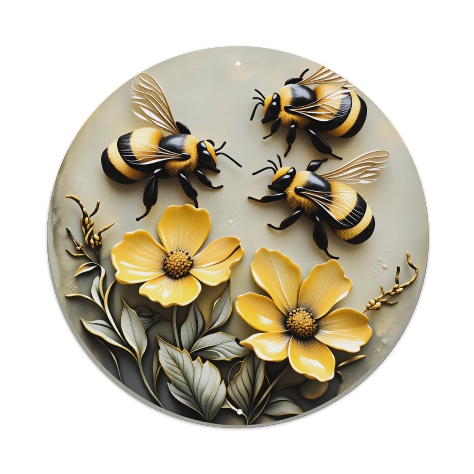 Bees And Flowers In Circular Design Metal Tin Sign Plaque