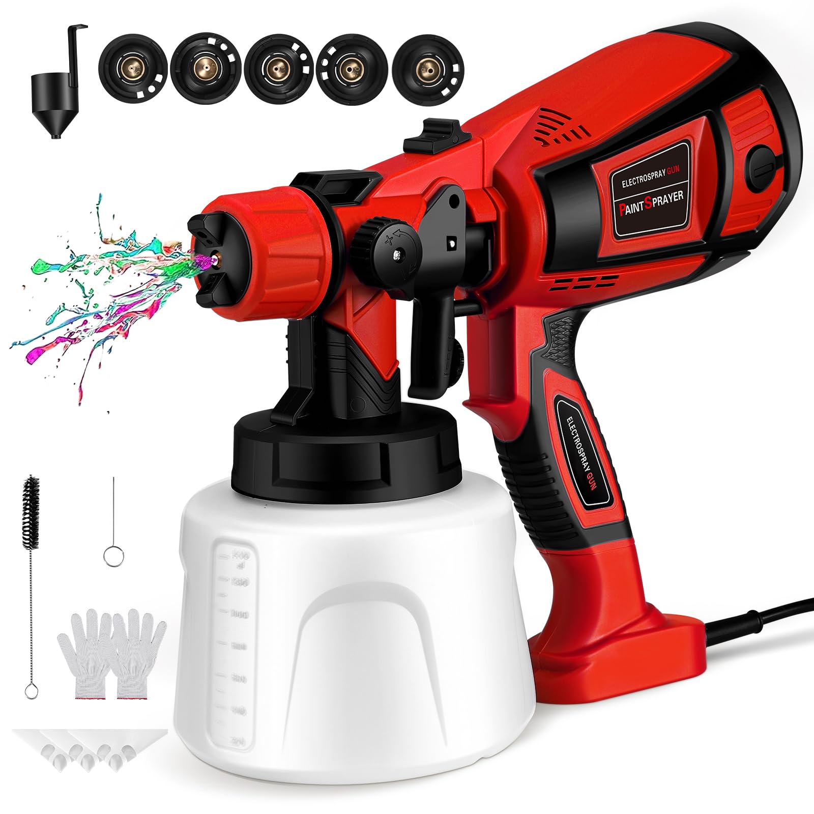 Pistolet à Peinture, Pistolet à Peinture Électrique HVLP 800W avec 4 Buses Cuivre 3 Motifs, Capacité 1400ml Débit Réglable pour Murs Intérieur Extérieur Clôtures Plafonds Meubles, Rouge