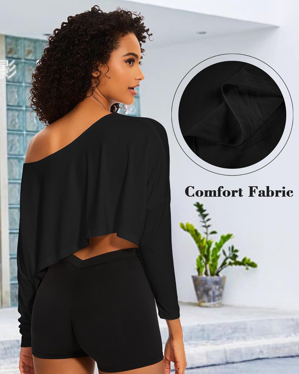 Off The Shoulder Crop Tops for Women Long Sleeve Crop Top Oversized Workout Boat Neck Summer Loose Casual T Shirt - Image 4