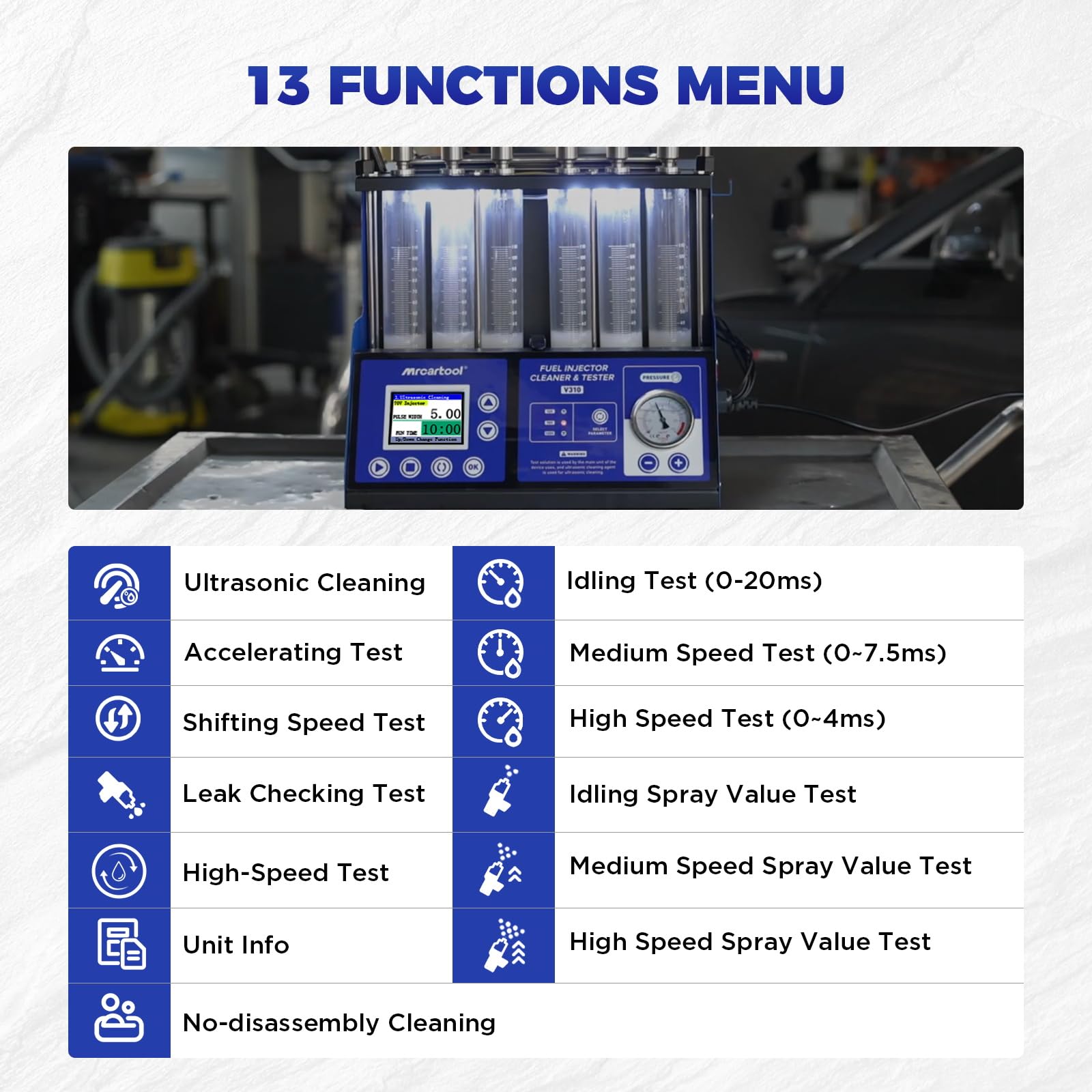 MR CARTOOL V310 Equipo Limpiador y Probador de Inyectores de Combustible, Kit de Limpieza Ultrasónica 110V/220V con 6 Cilindros para Inyectores Estándar GDI/EFI/FSI de Diésel y Gasolina
