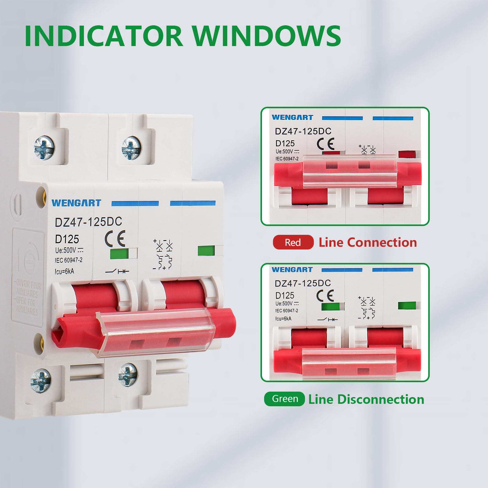 Wengart Disyuntor de CC 125A 2P 500V, Interruptor Automático Magnetotérmico para Paneles Solares y Protección de Baterías de Litio, Protección Fotovoltaica para Carril DIN, Serie DZ47-125DC