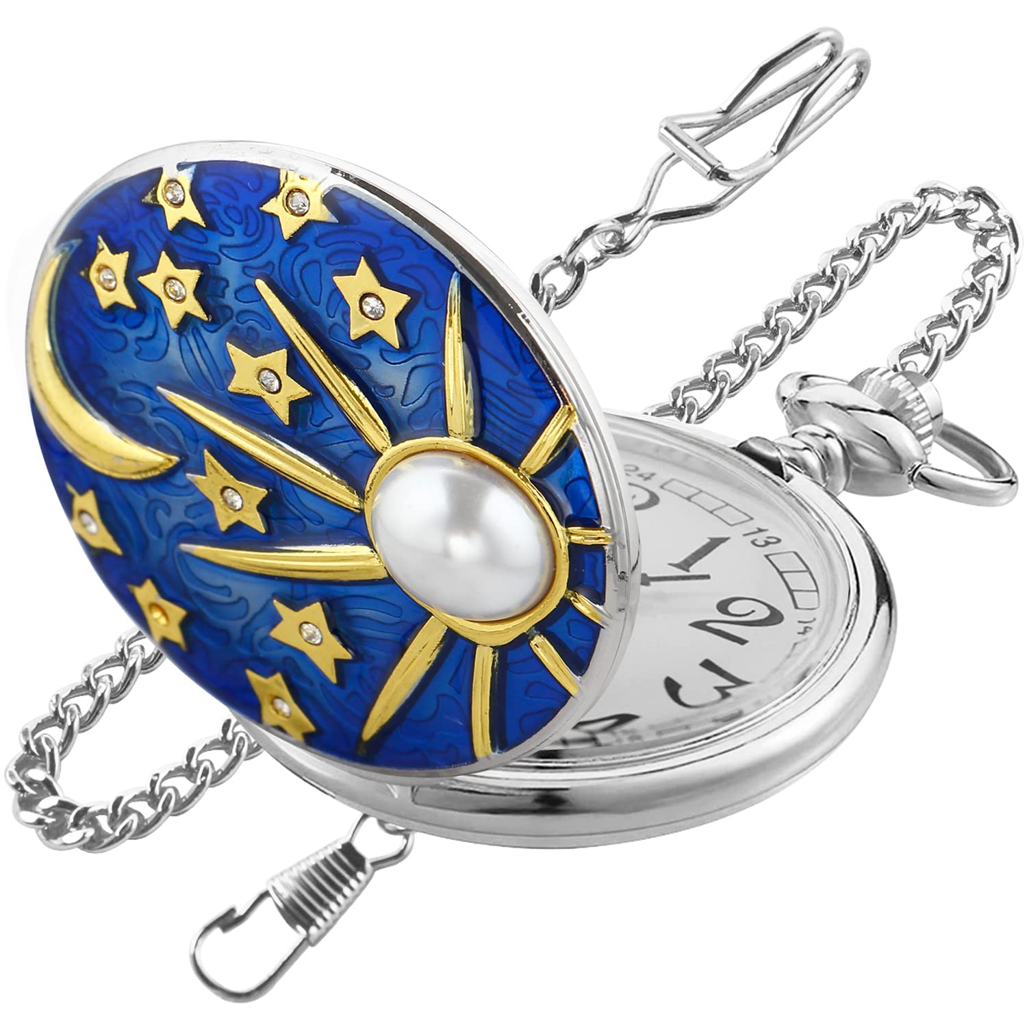 Relief Sculpture Sea Blue Stars and Moon Quartz Pocket Watch, Men's Pocket Watch with Inlaid Pearls