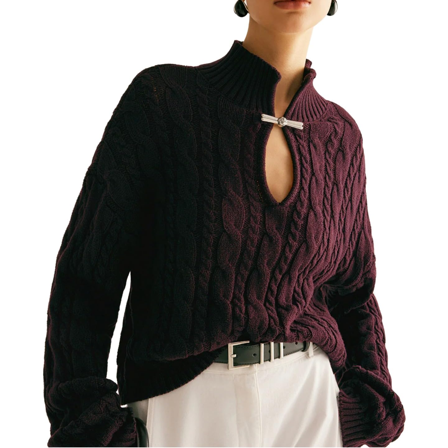 ZAFUL Womens Sweaters 2025 Trendy Fall Casual Ribbed Cable Knit Pullover with Keyhole Neckline Winter Warm Cotton Knit