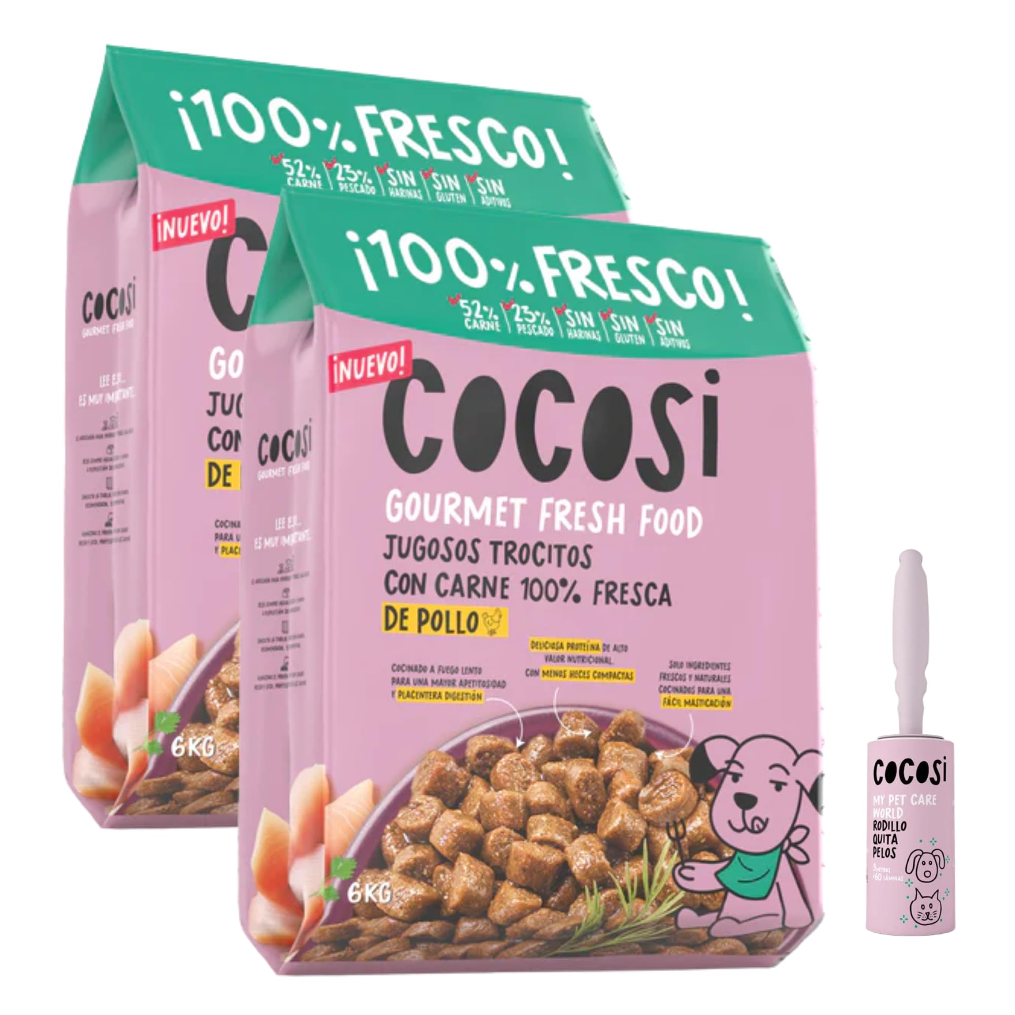 Pienso para Perros con Pollo y Pescado Fresco (2 x 6 kg) + Rodillo Quitapelos | Pienso Hipoalergénico Perros | Comida para Perros Adultos 100% Natural (Pescado) (Pollo)