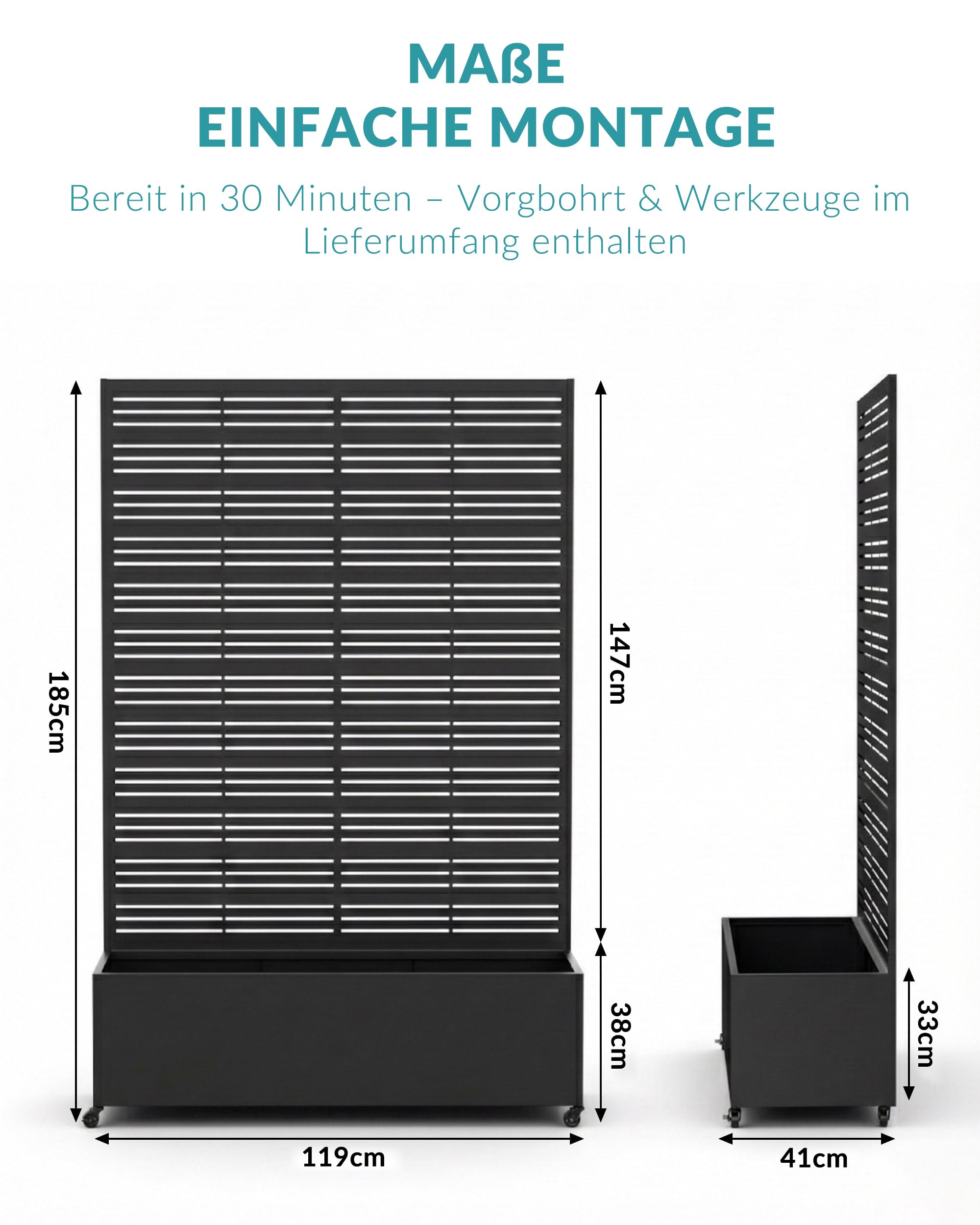 Hochbeet mit Sichtschutz, Metall Pflanzkasten mit Rankgitter und Rollen, freistehender Pflanzkübel 33cm tief, wetterfest für Blumen und Kletterpflanzen - Ideal für Garten, Balkon und Terrasse
