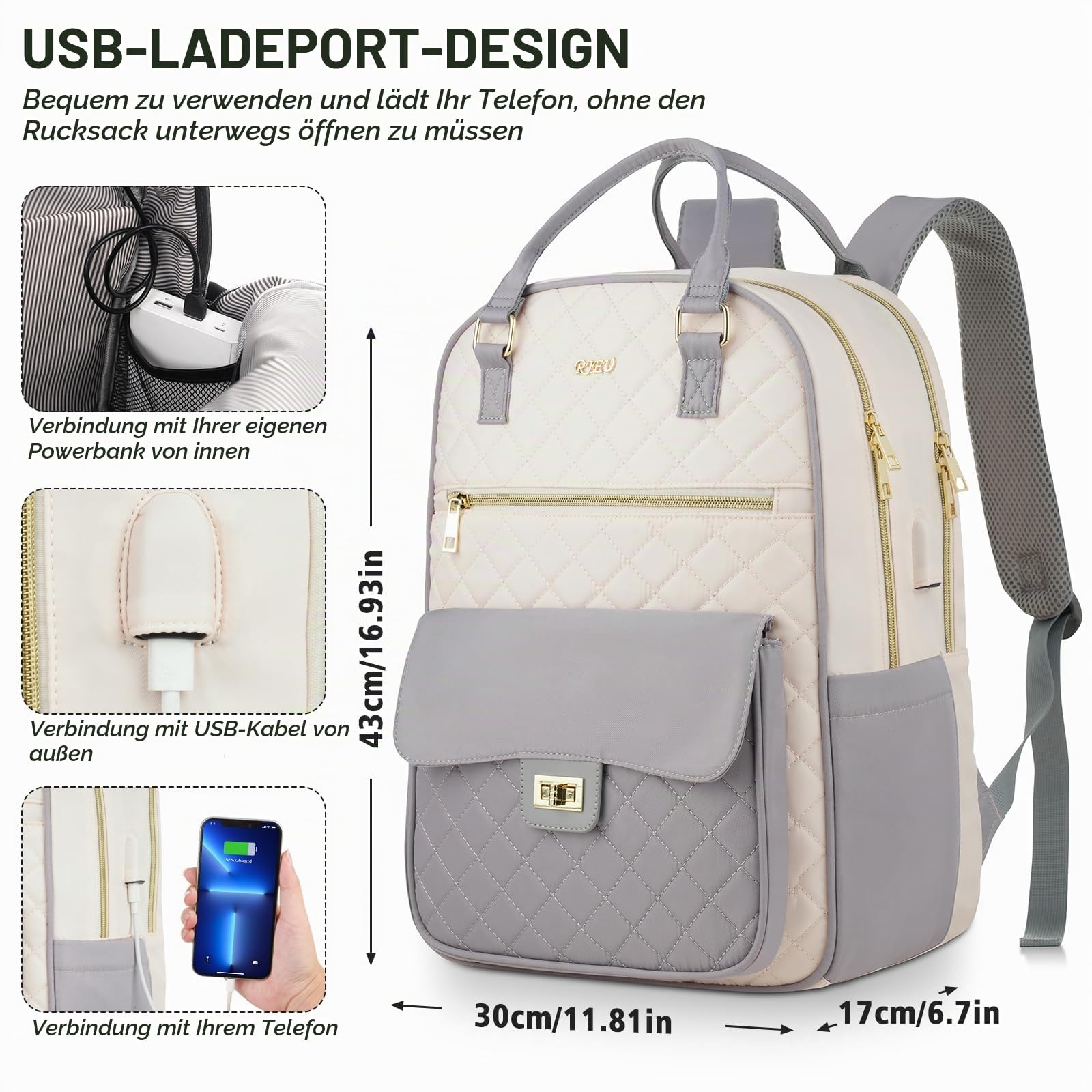 Laptop Rucksack Damen,15,6 Zoll Laptoptasche Frauen,Tagesrucksack Schulrucksack Mädchen Groß für Business Arbeit Uni Schule Studium,Lehrertasche Elegant,Beige-Grau