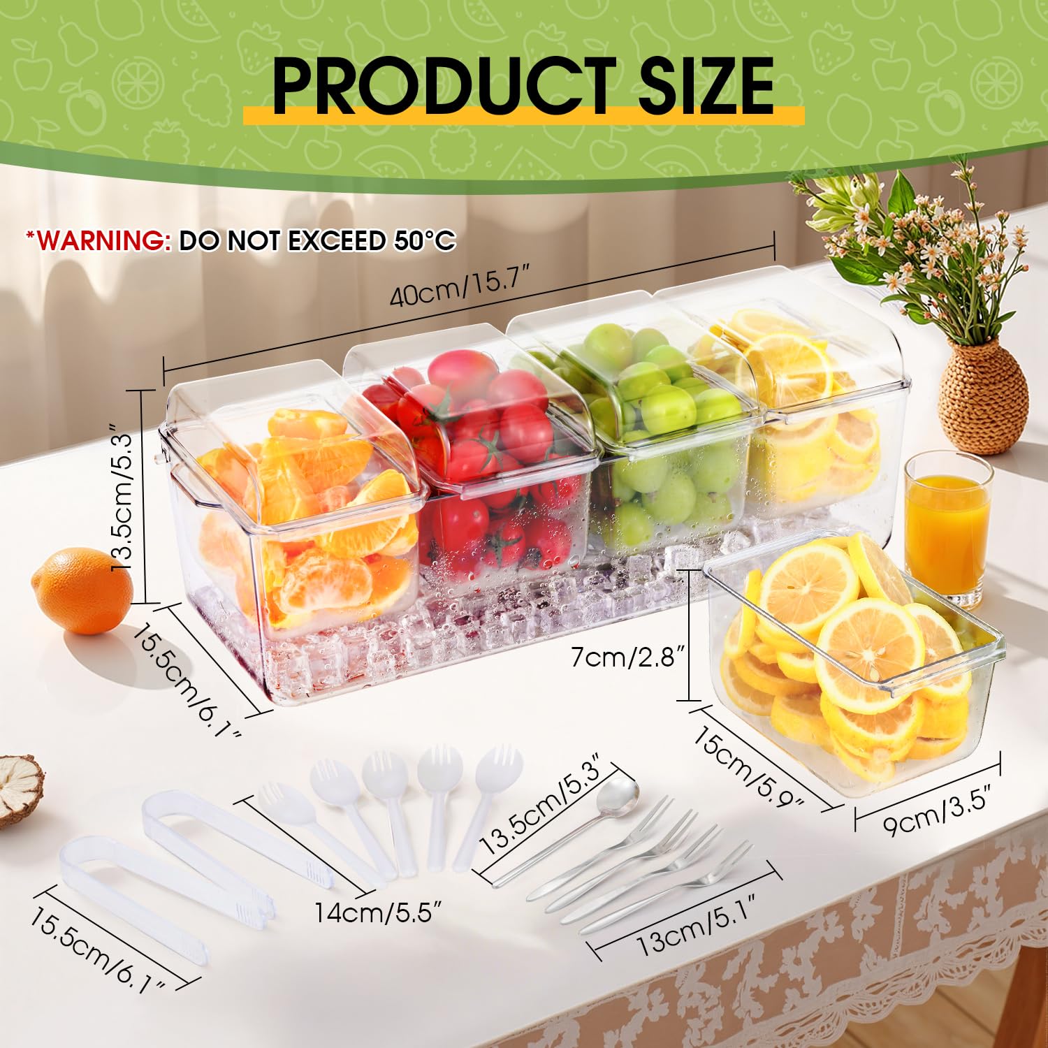 Paquete doble premium de condimentos refrigerados con hielo con 4 y 5 compartimentos, incluye 4 tenedores de acero inoxidable 304, bandeja para servir sin BPA para fiestas, barbacoas,