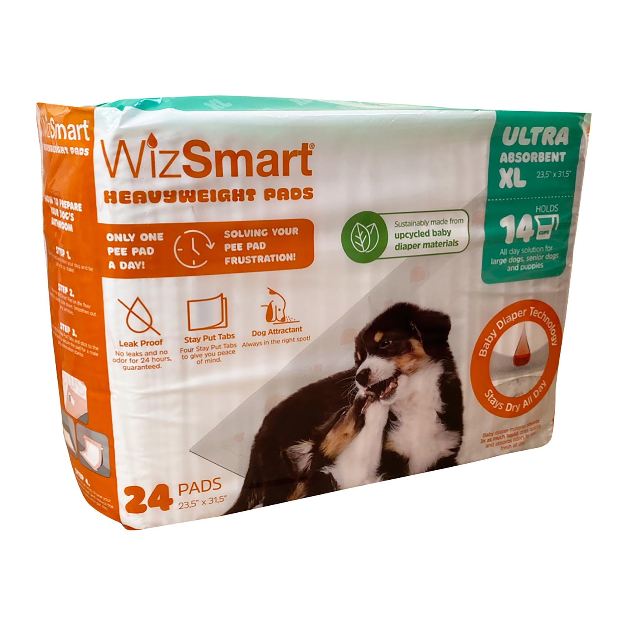 WizSmart All Day Dry - Almohadillas de entrenamiento para perros y cachorros de alta calidad, fabricadas con pañales reciclados sin usar y materiales ecológicos (10 tazas Ultra XL, 24 unidades)