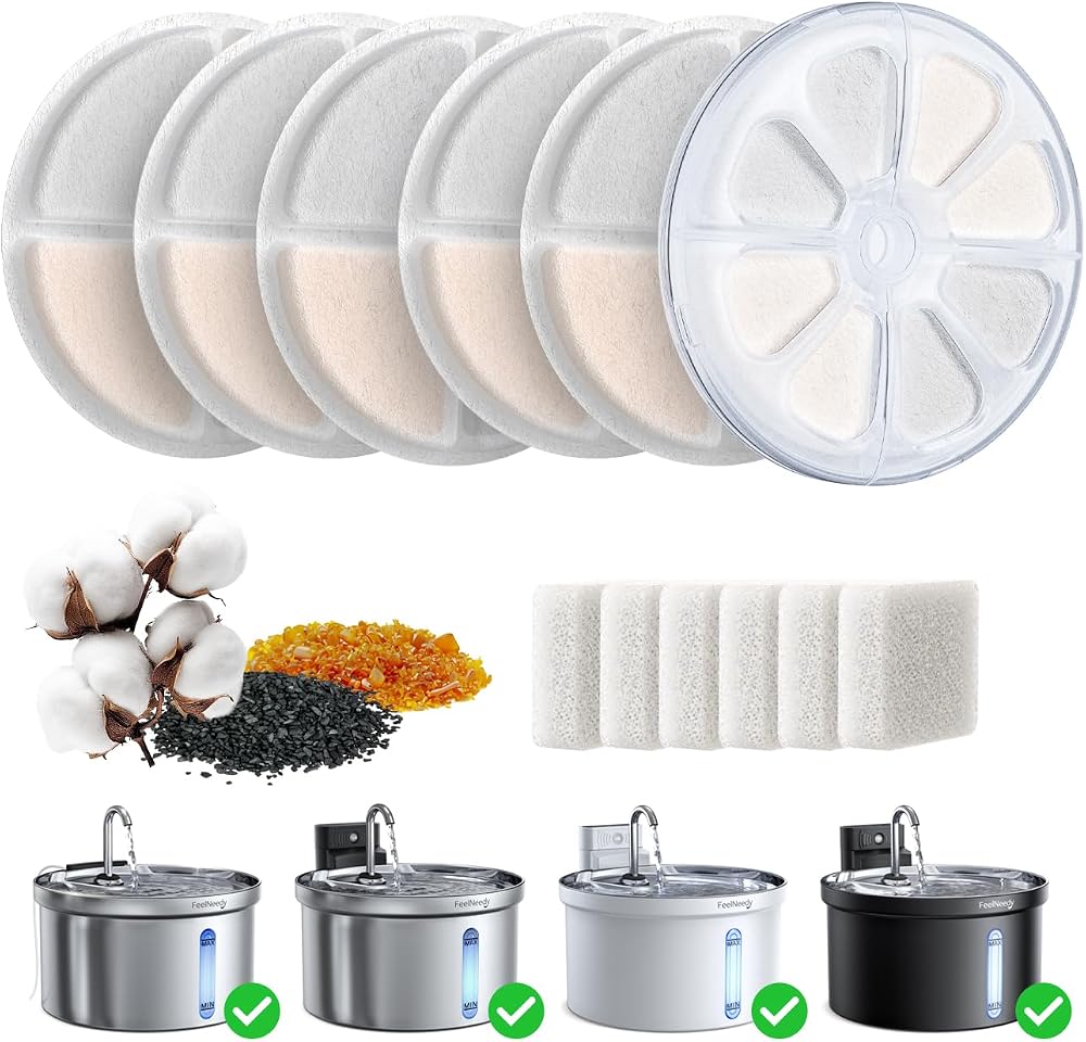 FEELNEEDY 6pcs filtres de Rechange+1pcs boîtier de Filtre ABS+6pcs éponge Pompe à Eau pour Fontaine à Chat, filtres sains et hygiéniques pour Fontaine à Eau pour Animaux domestiques(FN-W08/W08L)