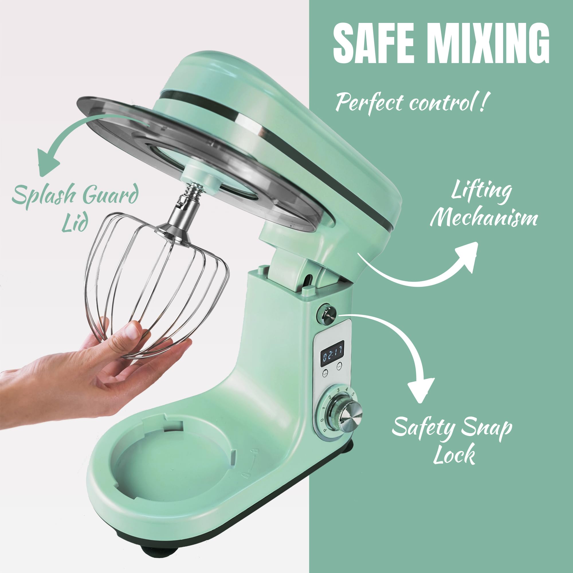 Bestron Robot Patissier, Robot pâtissier super silencieux (65 dB), Robot de cuisine 4-en-1, bol de 6 litres, inclus crochet pétrisseur, fouet et batteur plat, 6 vitesses + fonction Pulse, Vert