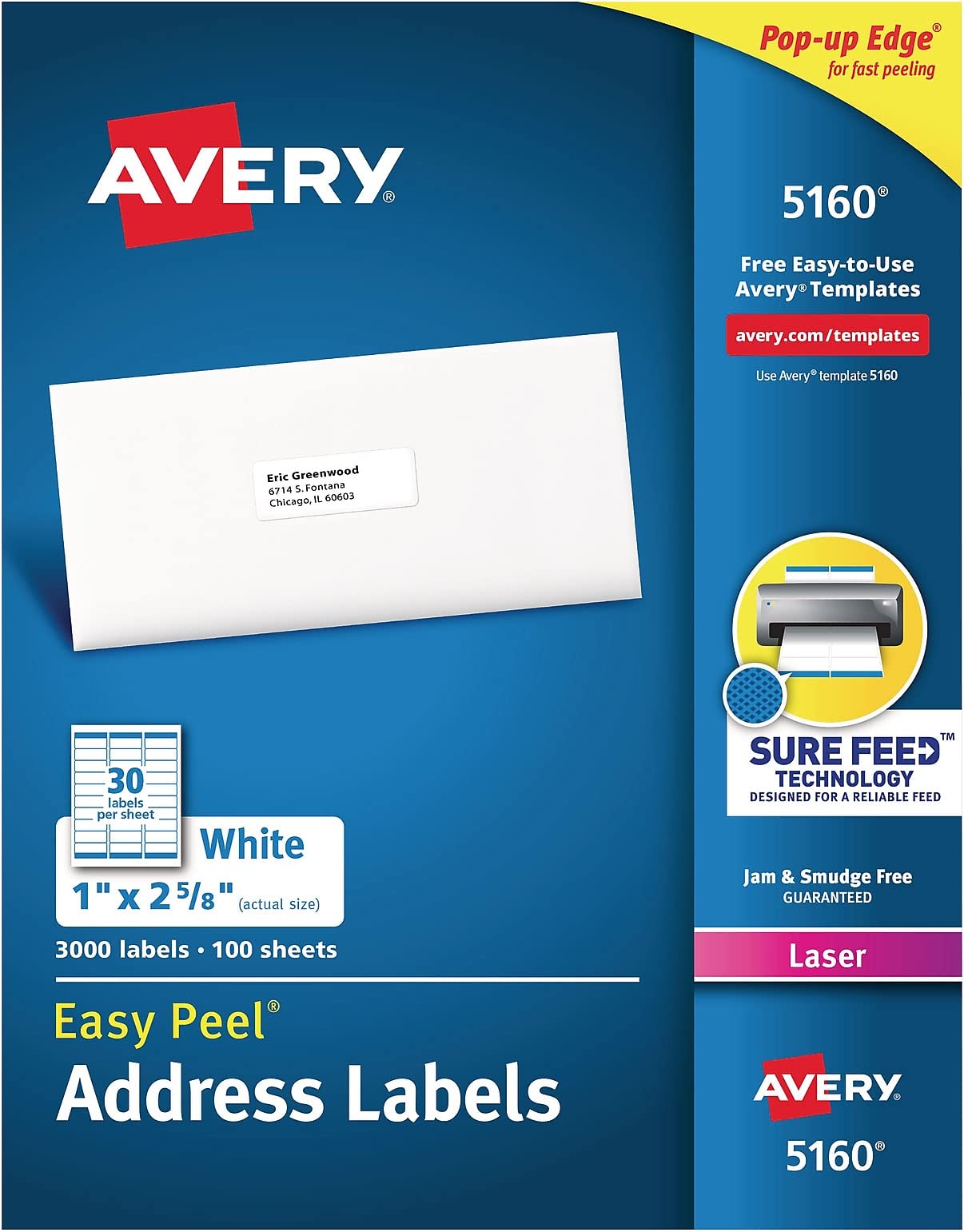 Avery Easy Peel White Mailing Labels for Laser Printers, 1 x 2.62 Inch, Box of 3000 (5160)