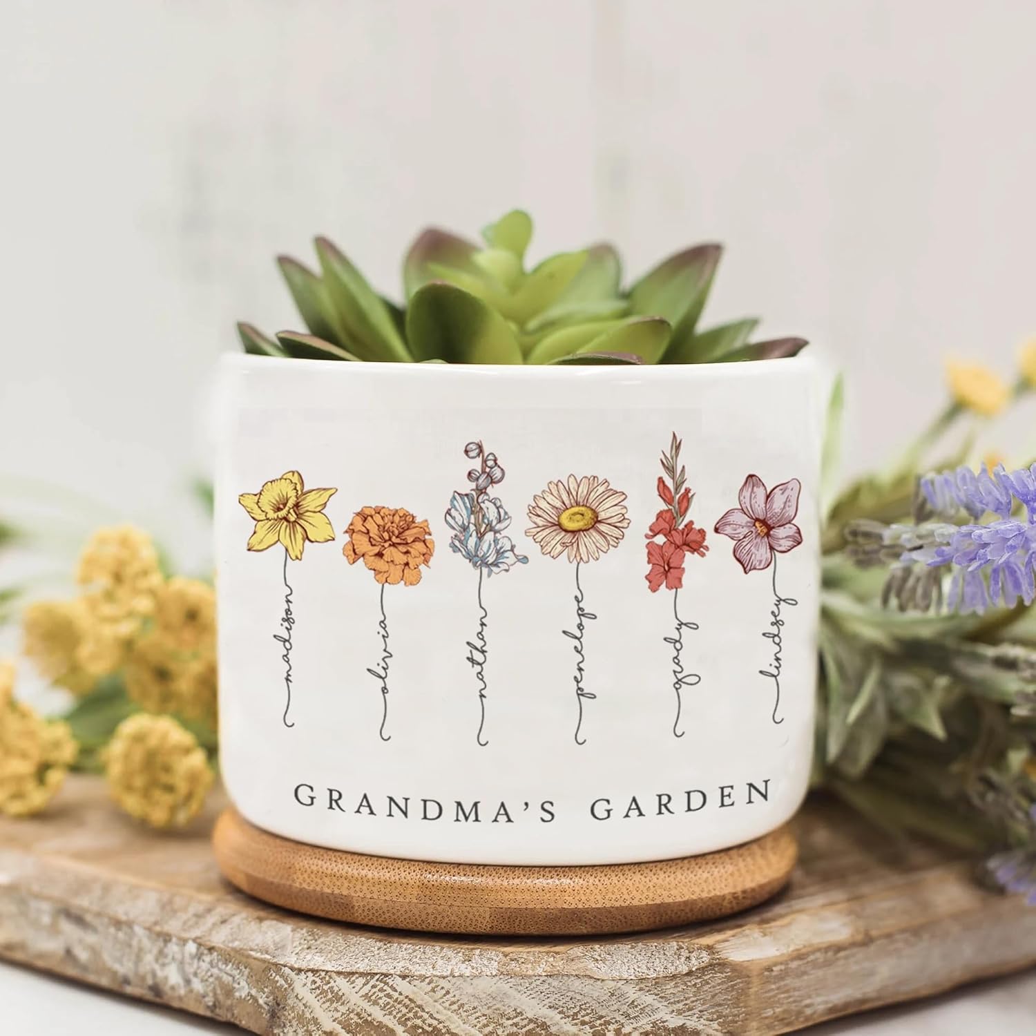Evamall Birth Month Flower Plant Pot, Mom Mimi Garden Planter, Personalized Flower Pot, Gifts for Mom Mimi Mother's Day, Custom Indoor Plant Pot with Kid Names