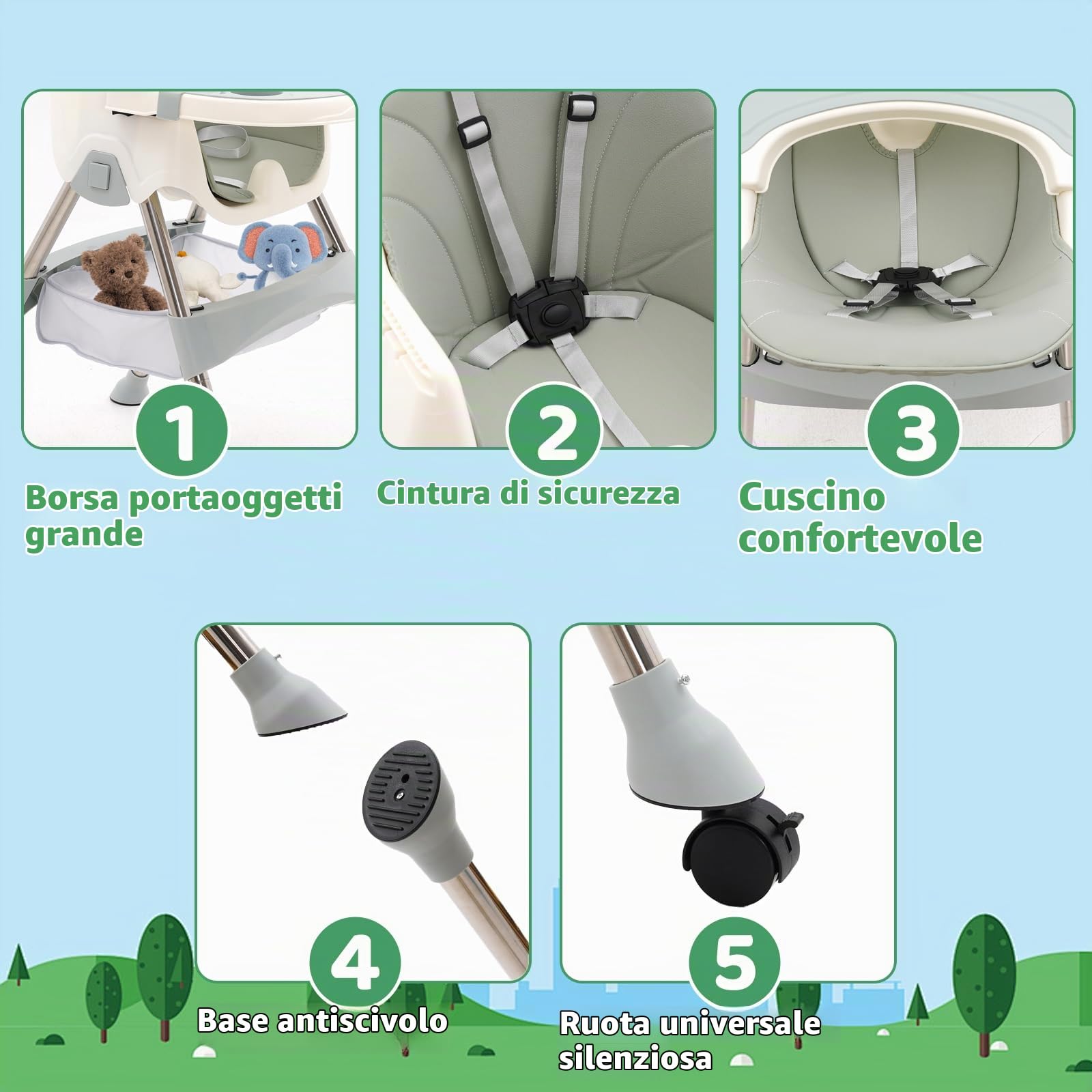 3 in1 Seggiolone Pappa, Seggiolino da Tavolo Pieghevole con tavolo e ruote Seggioline per bambini da 6 Mesi fino a 6 anni, Piatto da Cena Smontabile, Pedale e Schienale Regolabili in Altezza