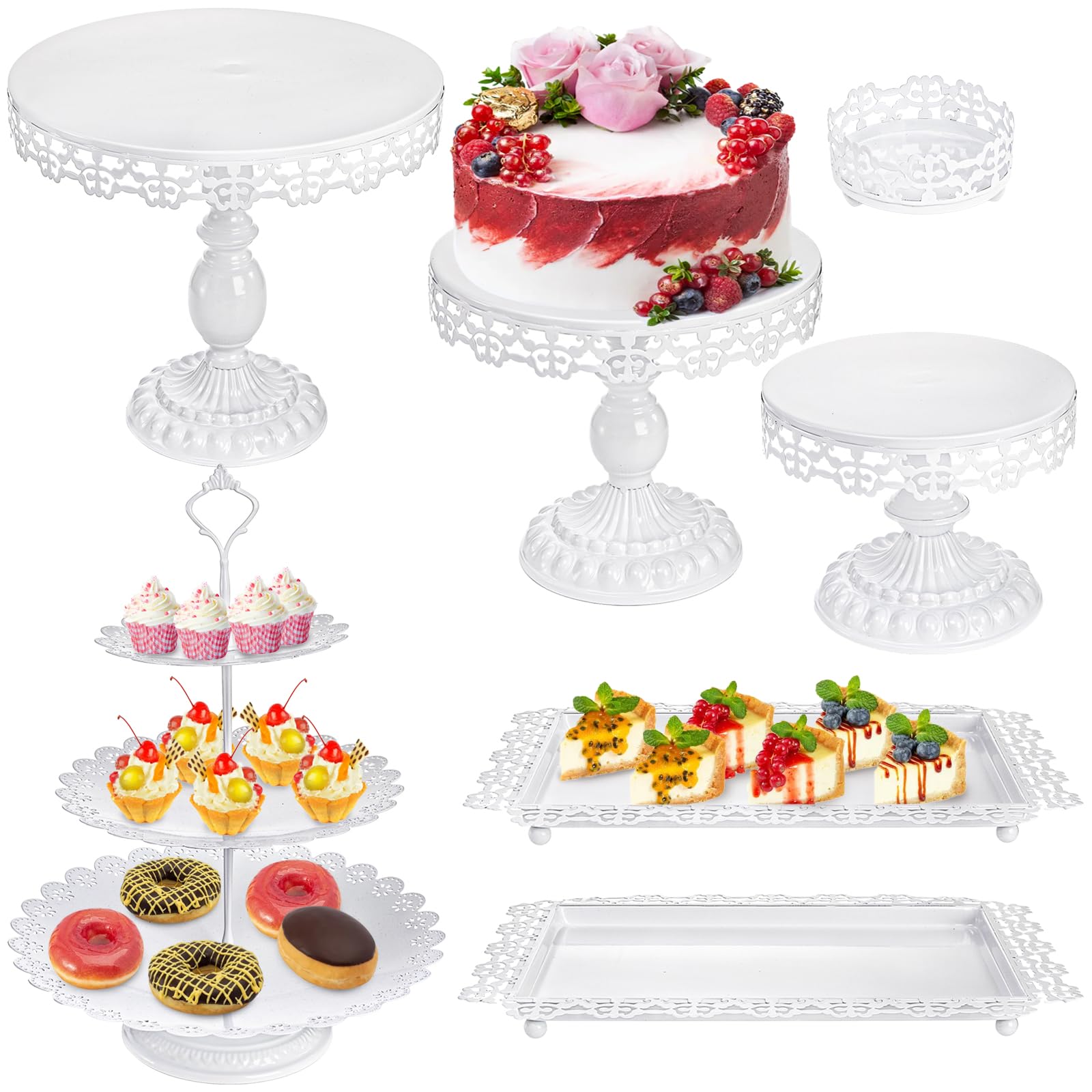 Hacaroa7 Pack White Cake Stand Set, Metal Dessert Table Display Set Tiered Cupcake Holder, Decorative Fruit Candy Display Plate Tray for Wedding, Anniversary, Baby Shower