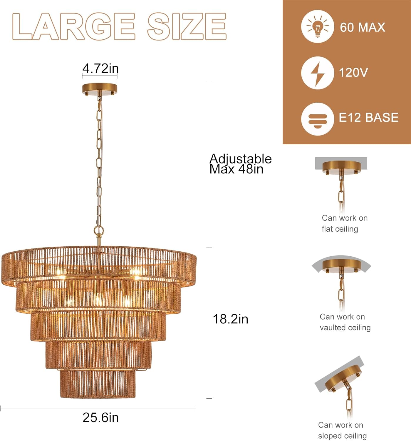 25.6" Large Rattan Chandelier Vintage Farmhouse 8-Lights Boho Hand-Woven Bamboo Chandeliers Light Fixture Drum Wicker Rattan Golden Chandelier for Dining Room, Kitchen, Living Room, Bedroom