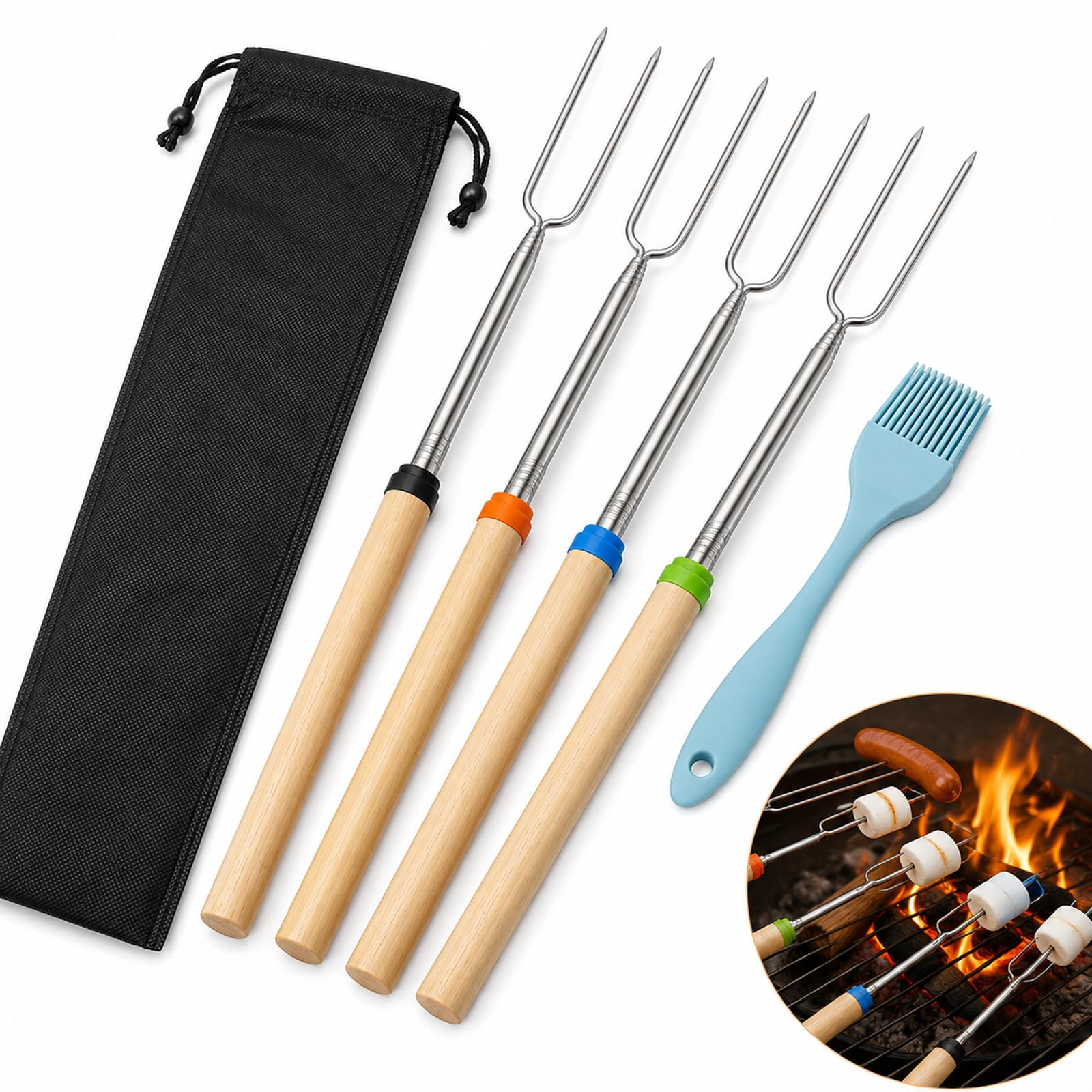 4 Pcs Telescopic Marshmallow Roasting Forks, Stainless Steel BBQ Set with Brush & Bag