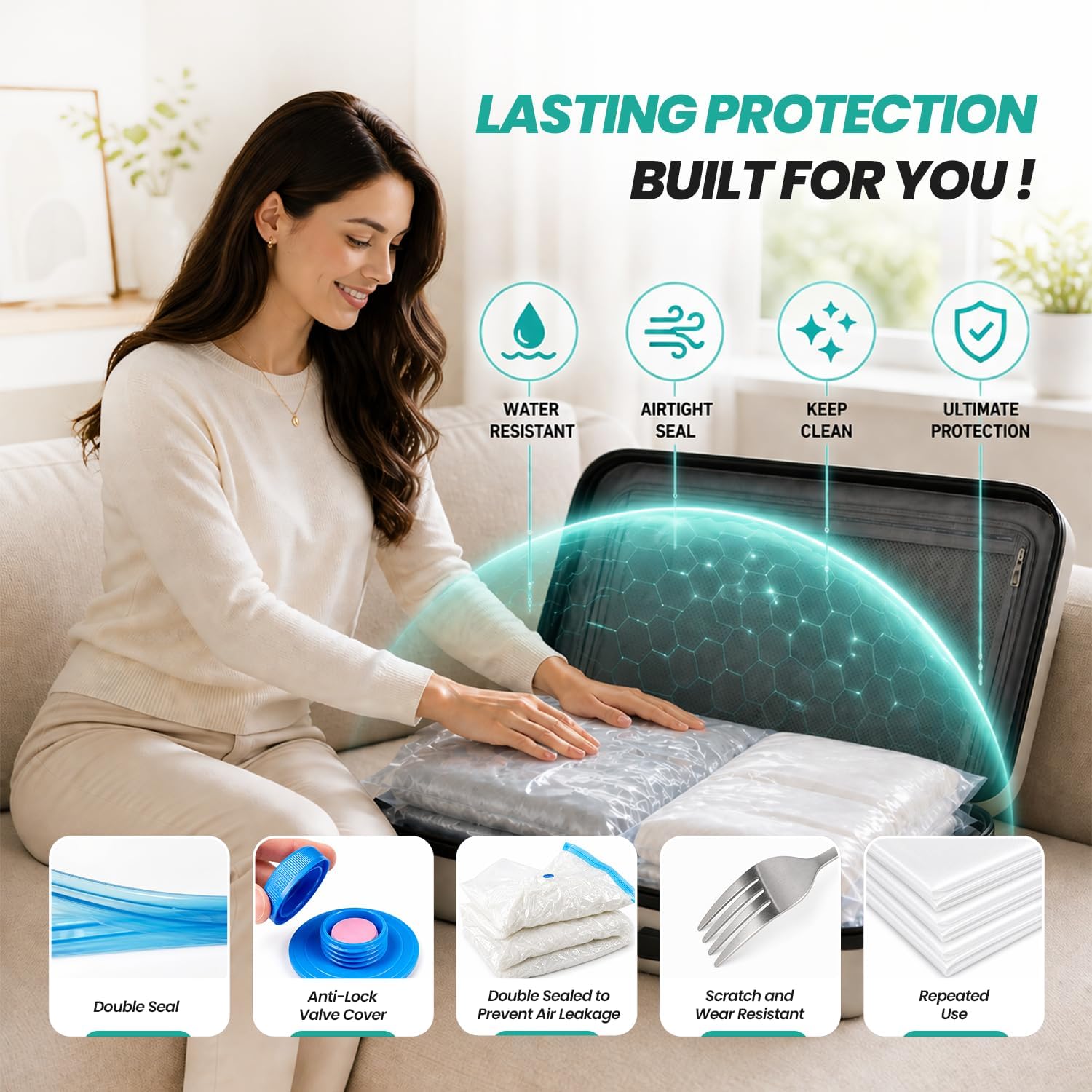 Vacuum Storage Space Saver Bags 80% Compression for Clothing Travel, Plastic Space Saver Suction Bag Clothes, Blankets, Bedding Jumbo Large (20 Pack) Hand Pump