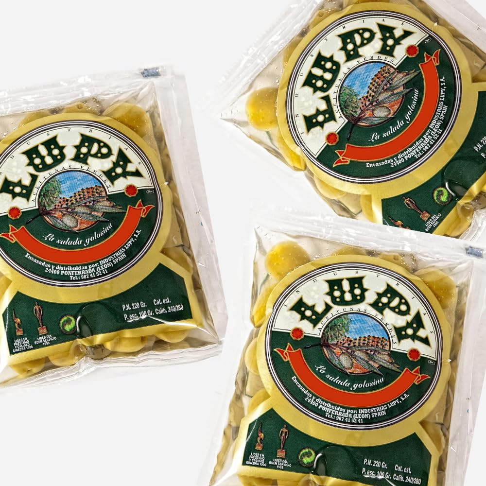 Lupy Aceitunas Gordal Picantes, con Hueso, 40 Bolsas de 100 g