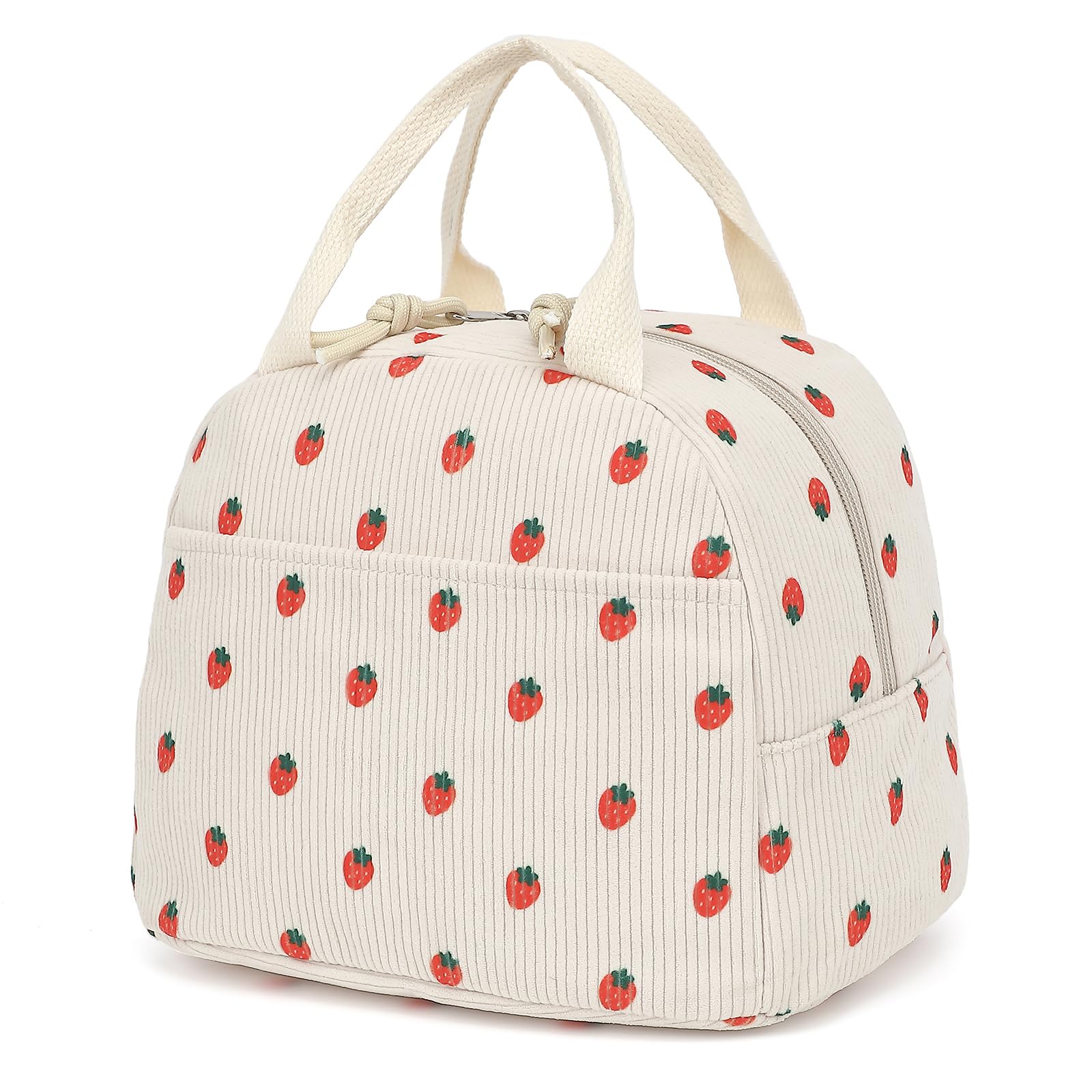 Corduroy Lunch Bag for Women Girls Lunch Tote Bags Reusable Insulated Lunch Box for Work Picnic School Travel (Beige Corduroy Strawberry)