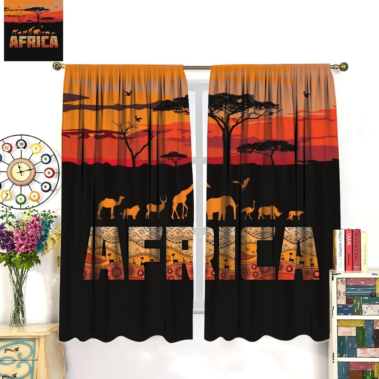African Curtains, African Sunset Safari Theme Pattern for Room Decor, Rod Pocket Blackout Window Drapes for Bedroom Living Room Kitchen 2 Panel Set 27.5"" W X 63"" L, Style-1