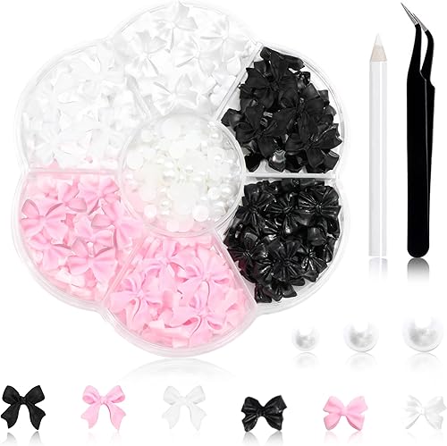 300 dijes de uñas con lazo y perlas de parte trasera plana, lazo negro, blanco, rosa, 3D, lindos dijes de uñas para diseño de suministros de uñas 300 dijes de uñas con lazo y perlas de parte trasera plana, lazo negro, blanco, rosa, 3D, lindos dijes de uñas para diseño de suministros de uñas