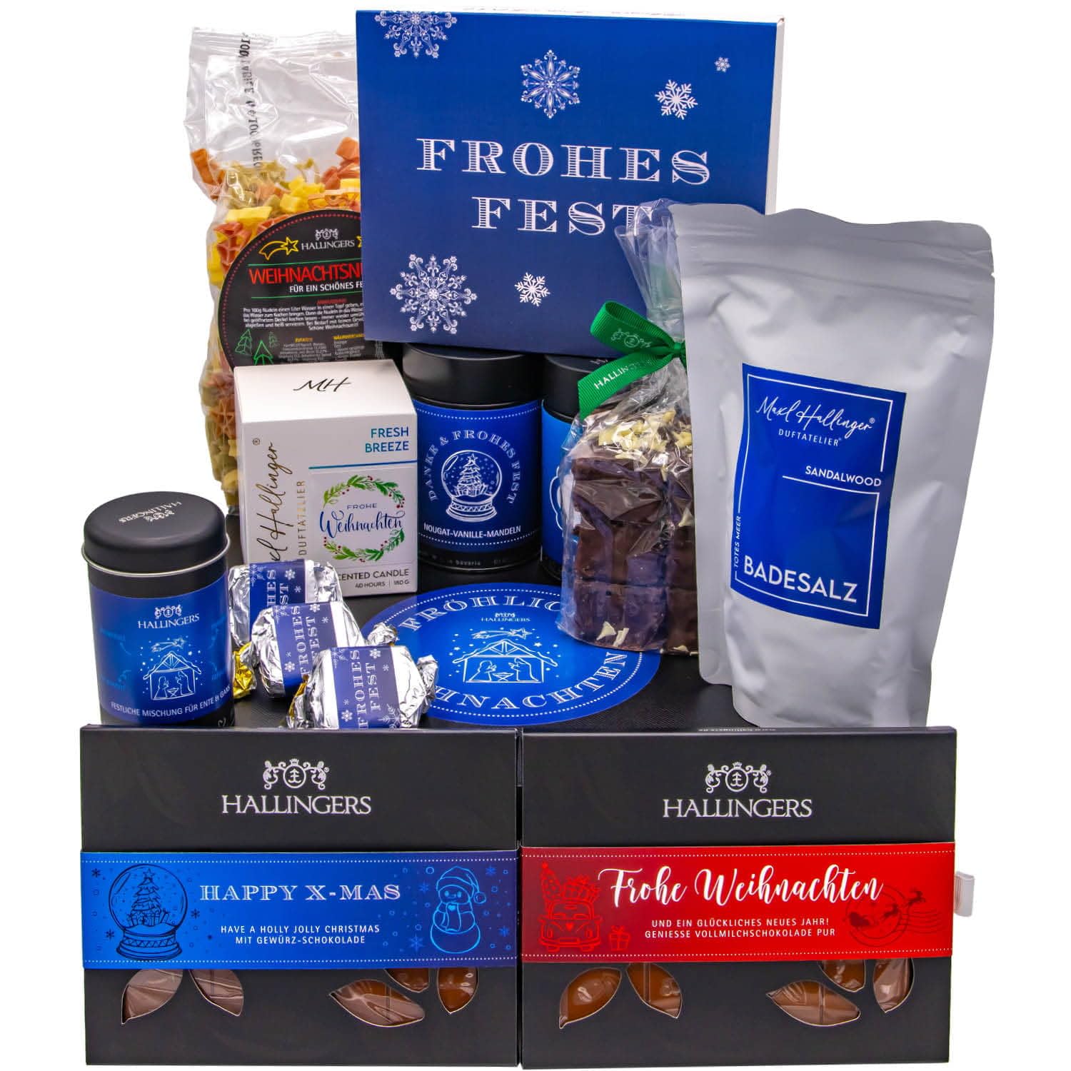 Hallingers Genuss Manufaktur Feinkost Weihnachts-Geschenk-Set - XXL-Geschenkkorb "Fröhliche Weihn..." große Selektion Pasta, Lebkuchen, Gewürz Nougat Badesalz Schoki & mehr, Weihnachten für Frauen