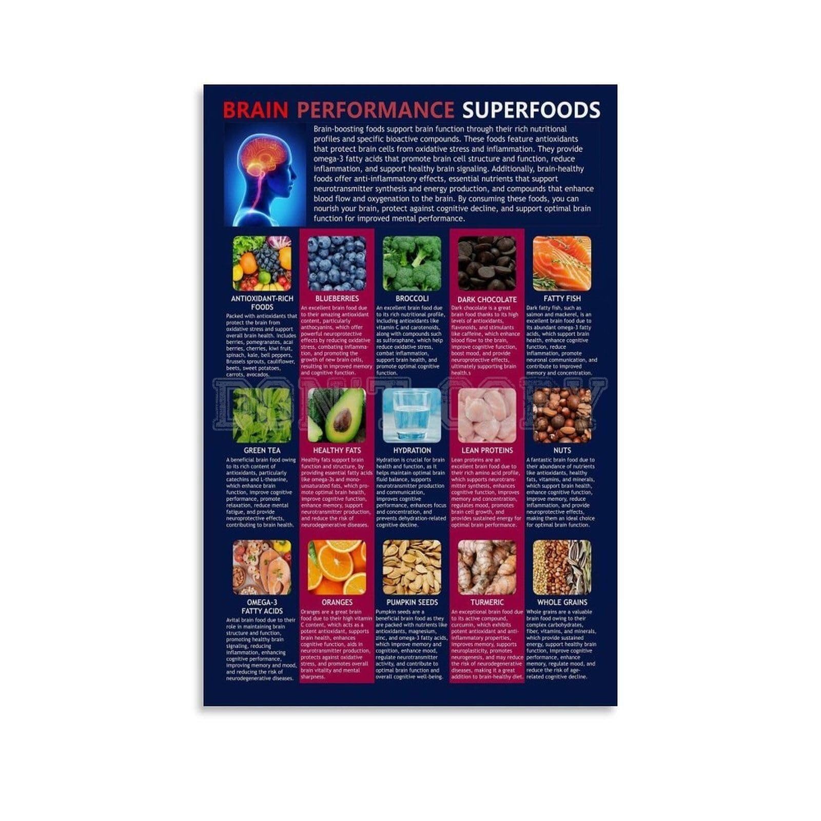RNUMLIGH Foods for Brain Health Poster A Guide to Superfoods That Support Cognitive Function and Mental Clarity(Framed,08x12inch(20x30cm))