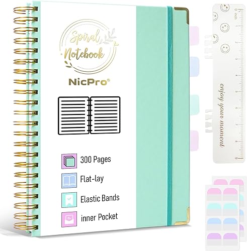Cuaderno de espiral de 8.5 x 11 pulgadas, 300 páginas de tapa dura de cuero, cuaderno de notas de bobina verde mar con 60 pestañas de índice para