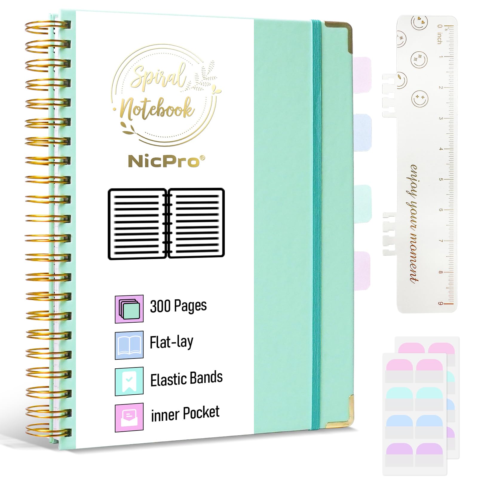 Nicpro Spiral Notebook, 8.5"x11" Leather Notebooks for Work, 300 Pages Large Hardcover College Ruled Notebook with 60 pcs Index Tabs, 100 GSM Thick Paper A4 Journal for Women, Sea Green