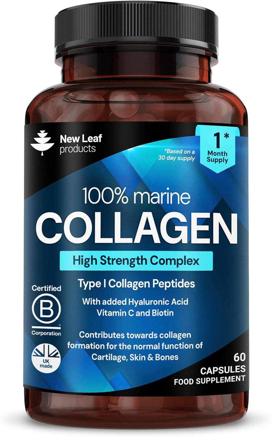 Type 1 Pure Marine Collagen, Hydrolyzed Collagen Peptides Enriched with Hyaluronic Acid and Vitamin C, Essential Amino Acids, Supplements for Women and Men, 60 Capsules