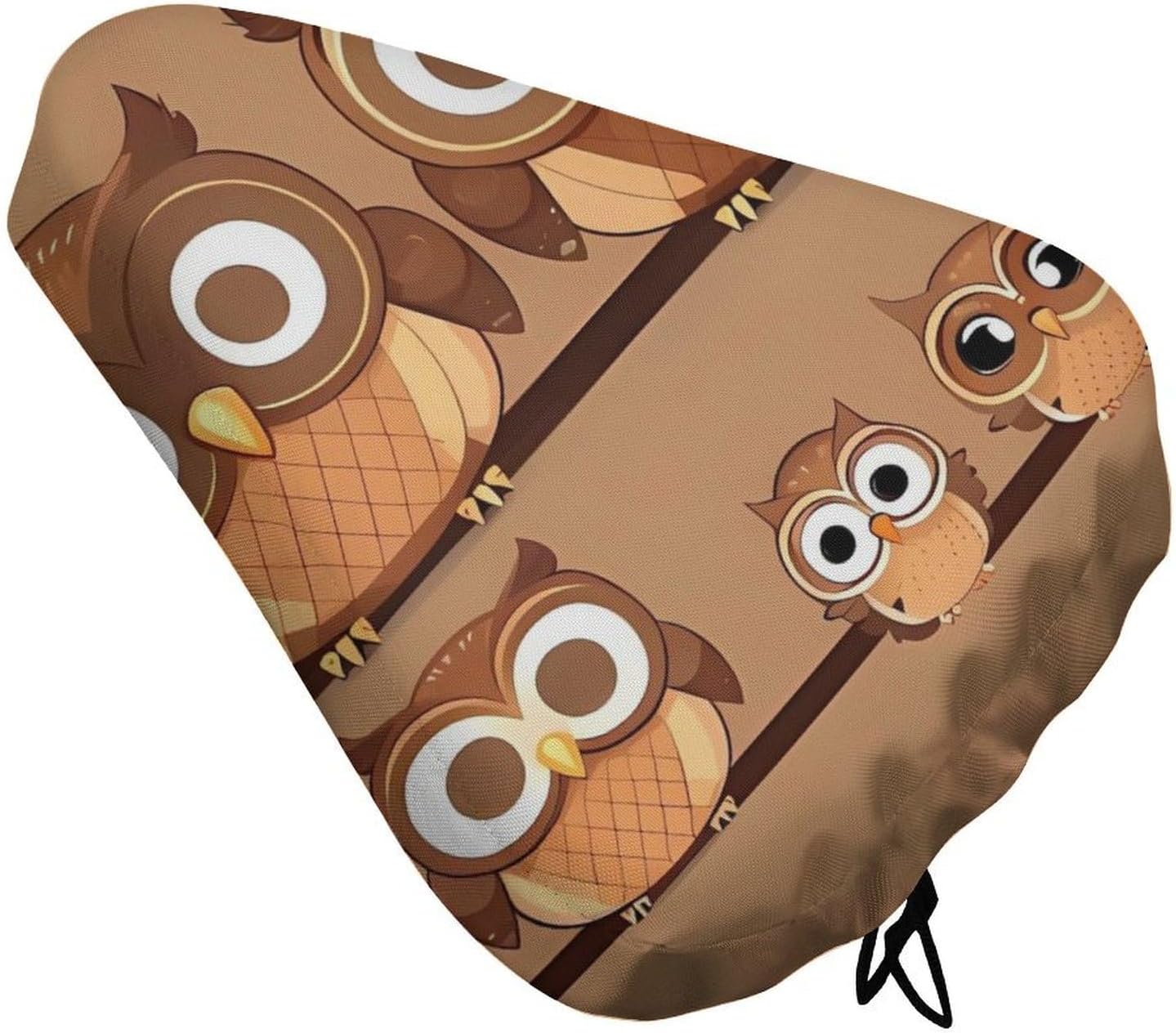Waterproof Bike Seat Cover with Drawstring -Cute Big Brown Cartoon Owls Universal Exercise Bike Seat Cushion for Men & Women, Comfortable Non-Slip Bicycle Saddle Cover for Road/Mountain Bikes