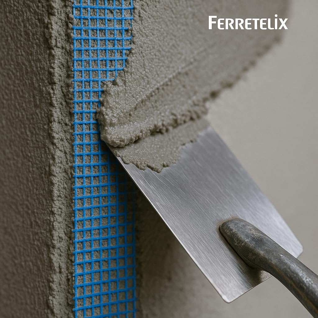 Ferretelix® Malla Fibra de Vidrio para Revocos y Mortero Azul – Rollo 1 m x 50 m – Luz 10x10 mm – Refuerzo para Construcción
