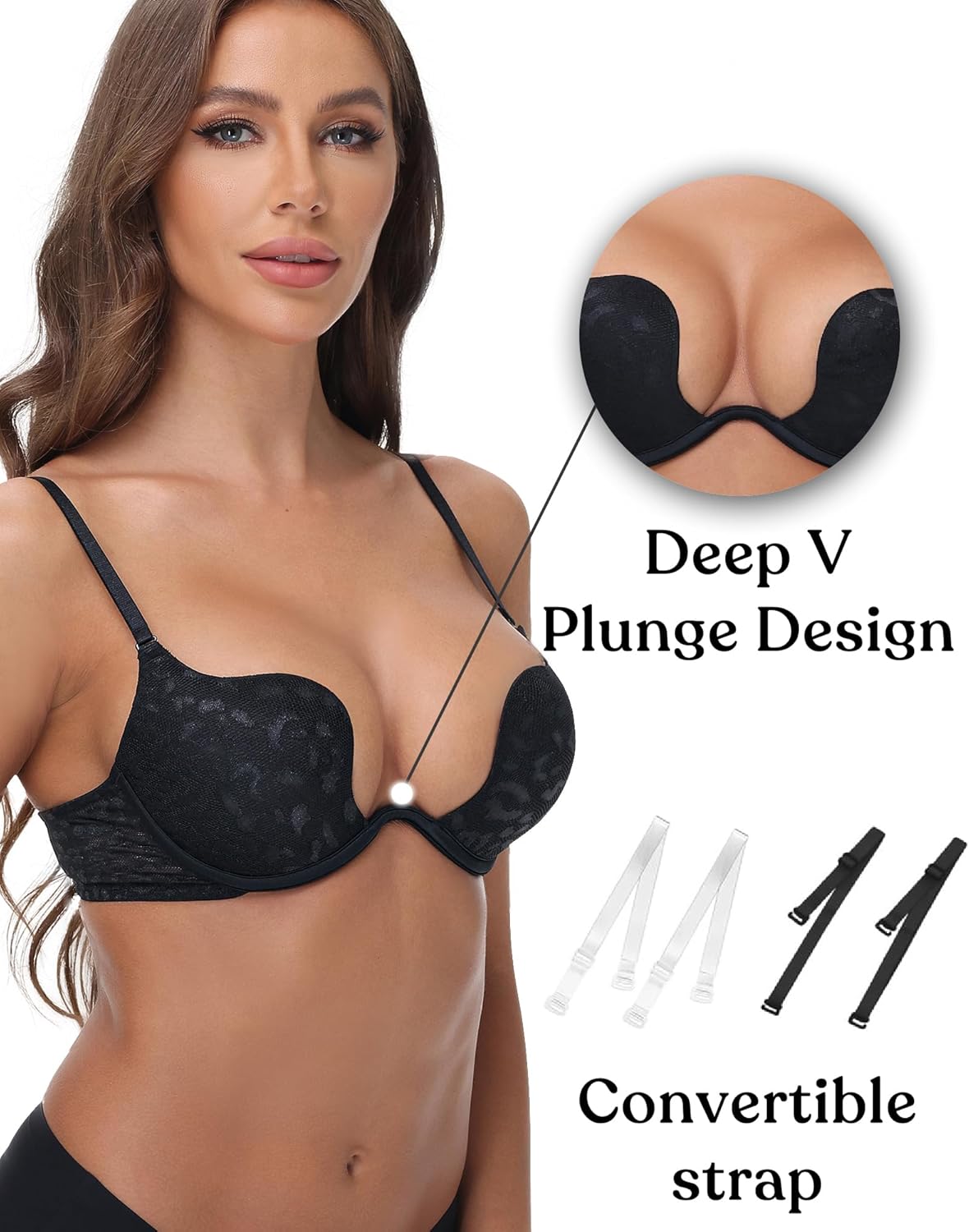 Women-Deep-V-Plunge-Bras Push Up Sexy Cleavage Bra with Underwire Lightly Padded Low Cut Back Convertible Strap - Image 5