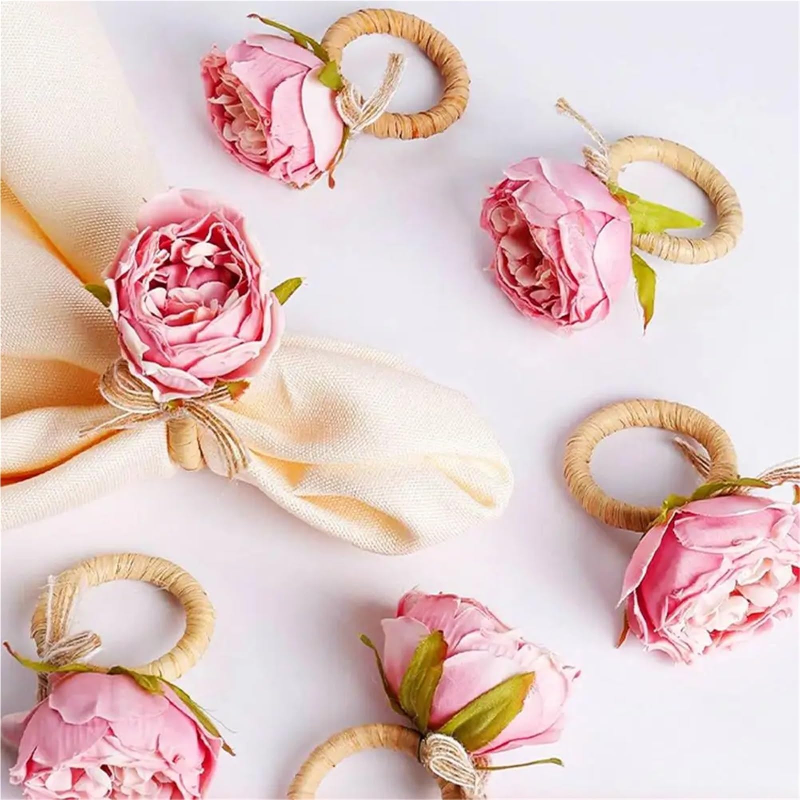 Lot de 24 ronds de serviette faits à la main en forme de rose avec nœud papillon - Décoration de table élégante