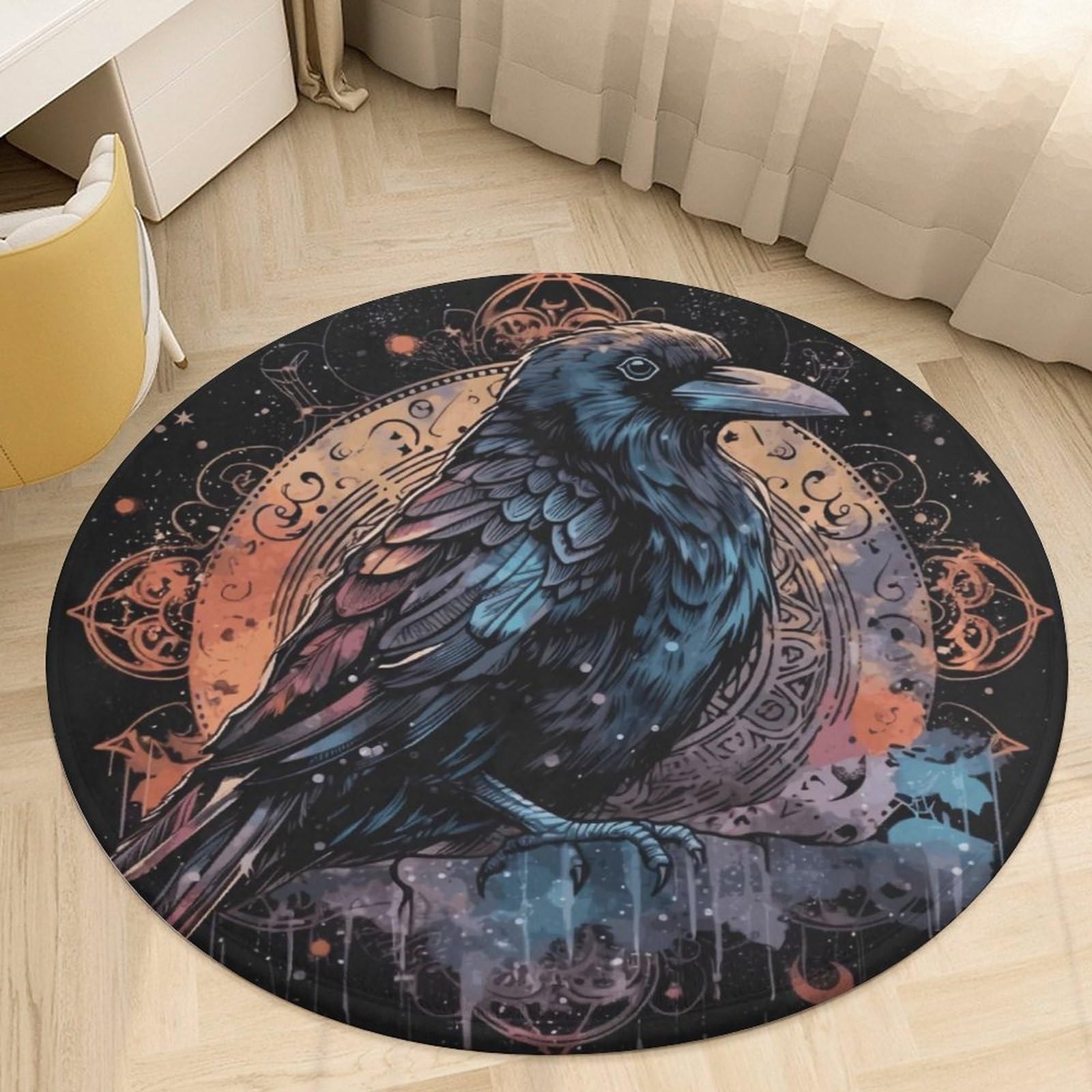 Tapis rond Viking pour salon moderne au motif corbeau et revêtement doux