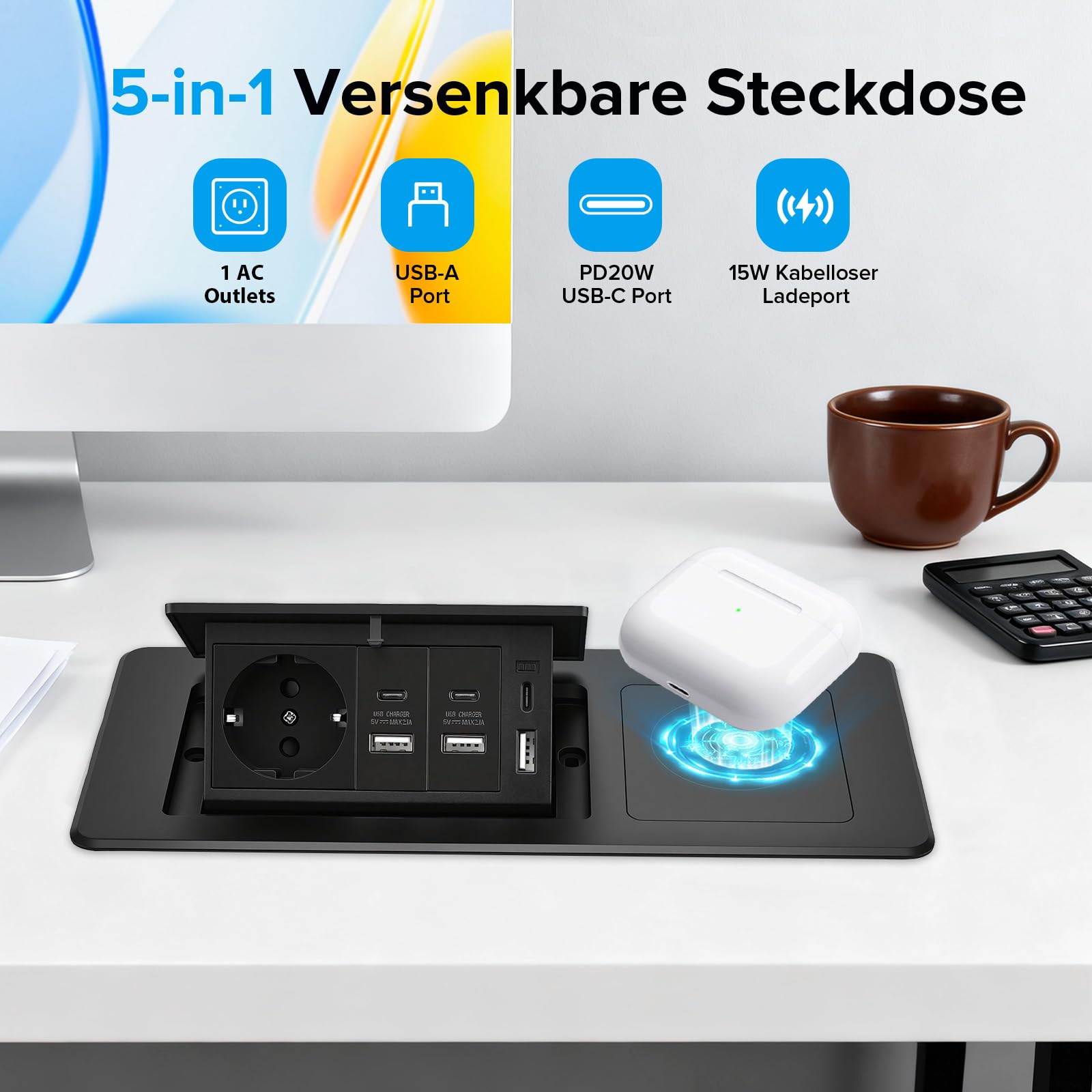 Multipresa da Incasso a Scomparsa, 1AC, 3USB A & USB C, PD20W, Wireless 15W