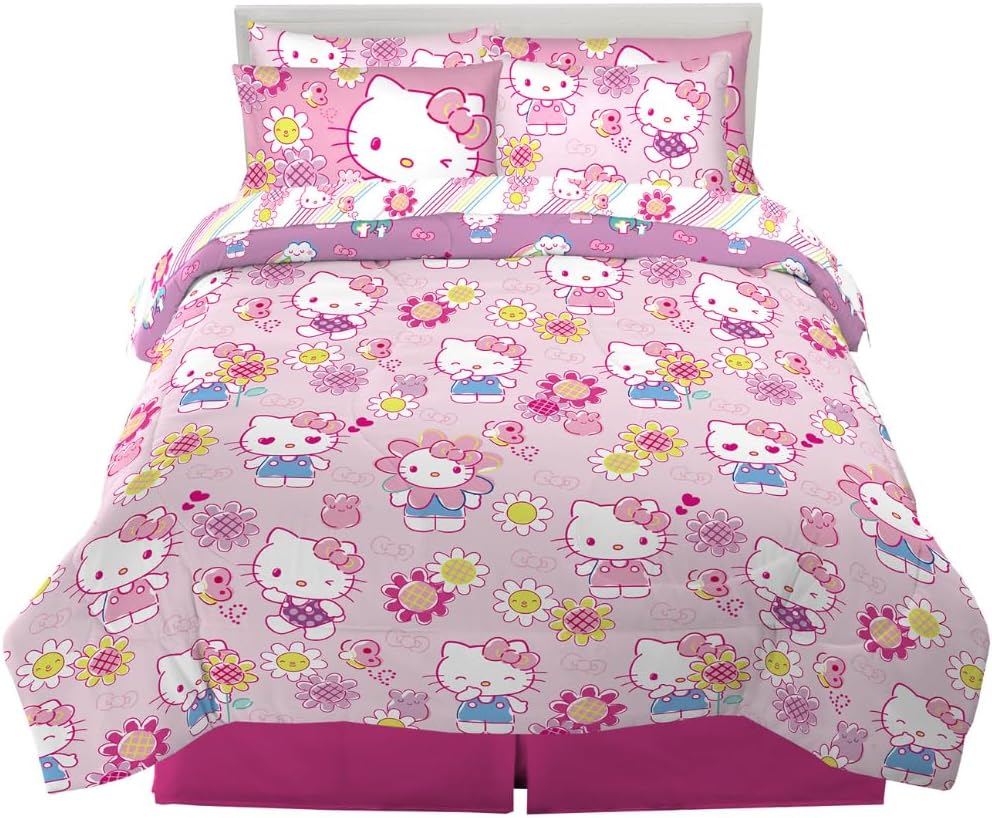 Franco Hello Kitty Kids Bedding Super Soft Comforter and Sheet Set with Sham, 7 Piece Queen Size, (Officially Licensed Product) 7 Piece Queen Size Hello Kitty - Rainbow Garden
