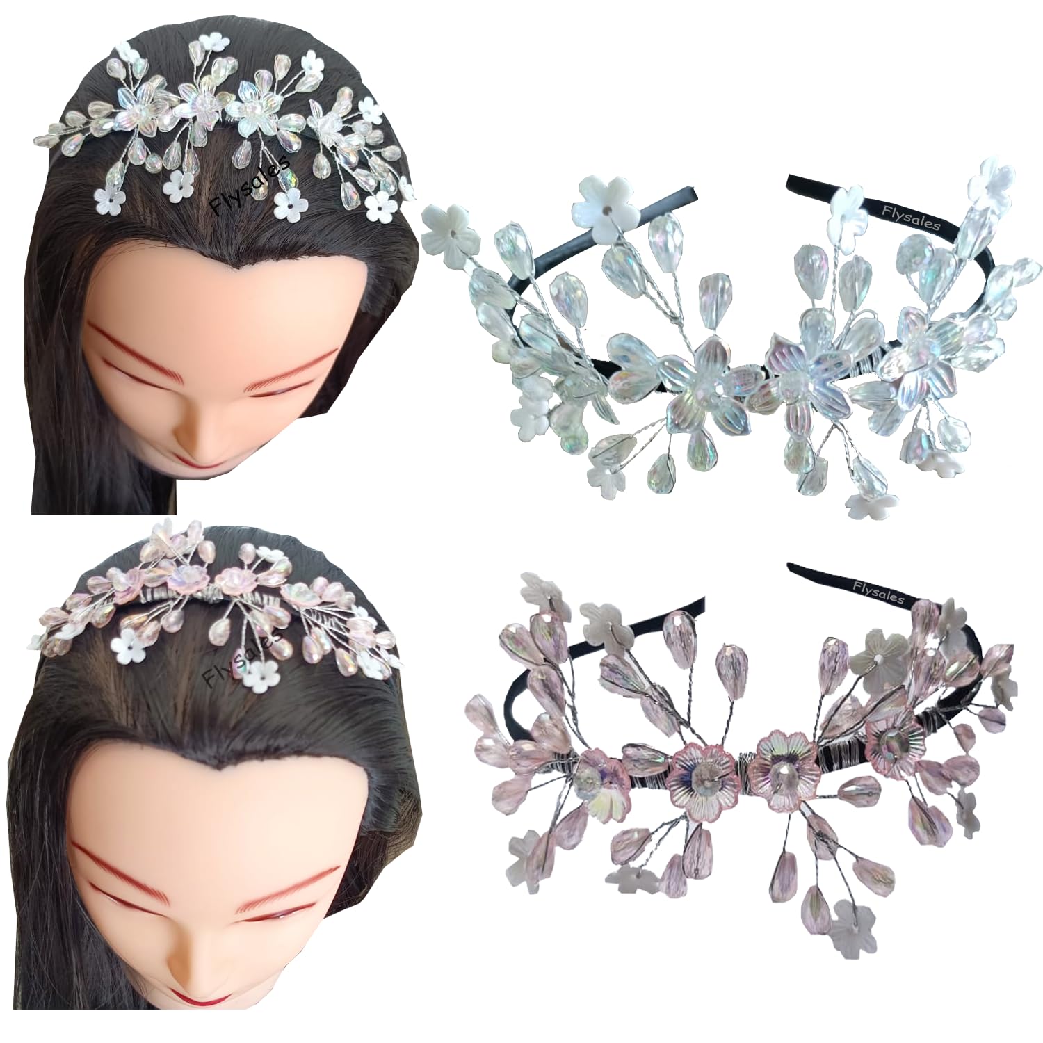 Flysales® 2 pcs Metal Hairband Flower Crystal and Pearls Fancy Hairband for Women and Girls Tiara Hair Band Hair Accessories Silver and Pink Work Handmade (B0D7D542Q3) Amazon Price History, Amazon Price Tracker