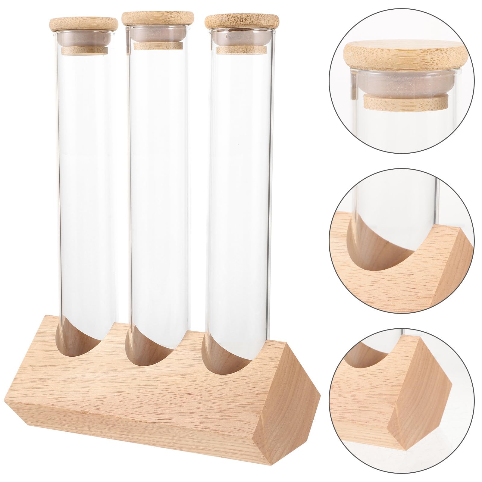 Homoyoyo Expositor para Granos de Café Soporte de Madera, Set de 3 Tubos de Ensayo de Vidrio Transparente Tapón, Contenedores Sellados Multifuncionales para Conservar Café, Té y Especias