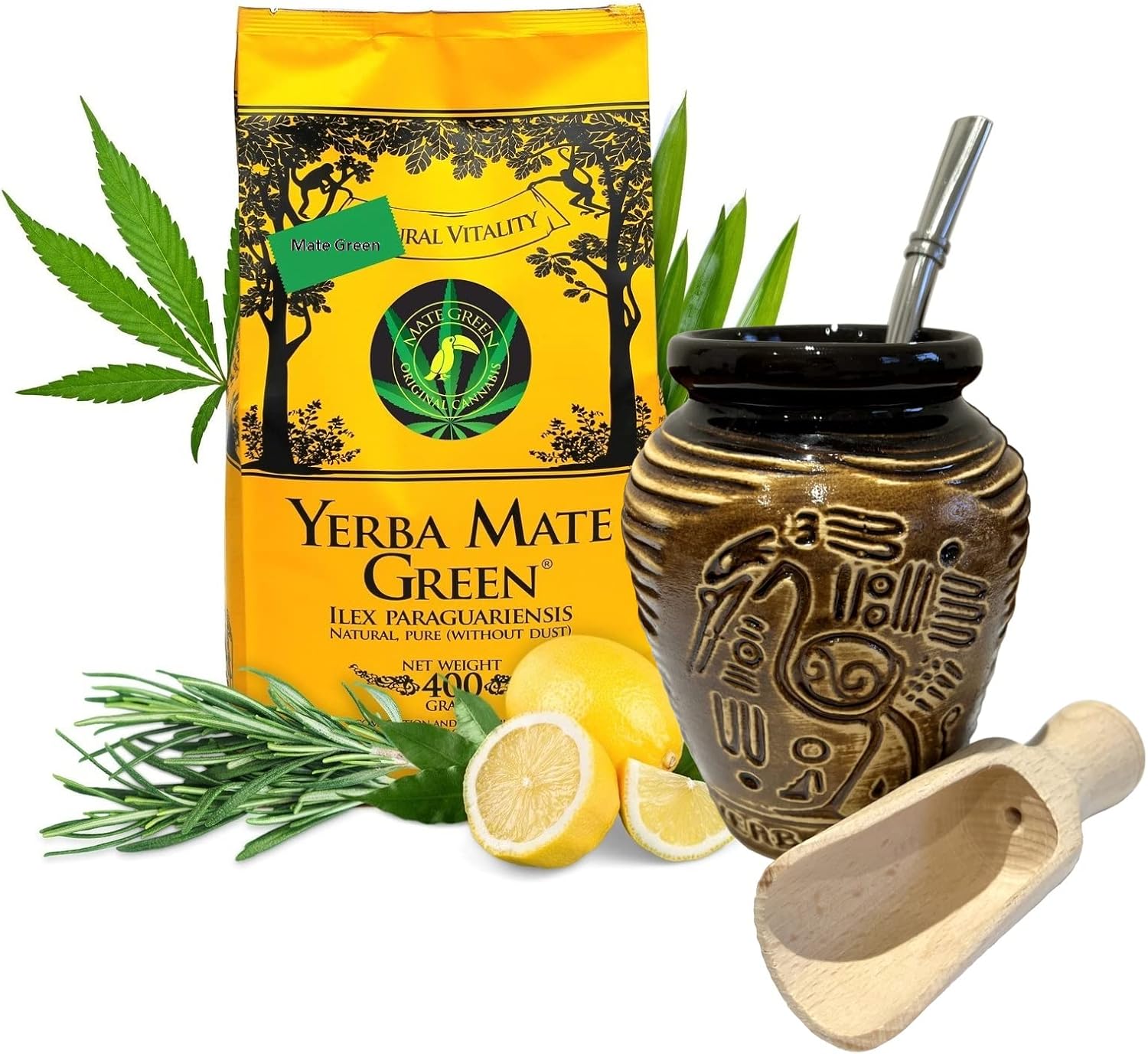 Mate Green Cannabis Yerba Mate Tea Set | Natural Strong Energy Drink | Mate Tea Complete Set | Begginer’s Kit | Yerba Mate GREEN CANNABIS Booster 400g|Ceramic Bird Cup Gourd 300ml | Stainless Bombilla