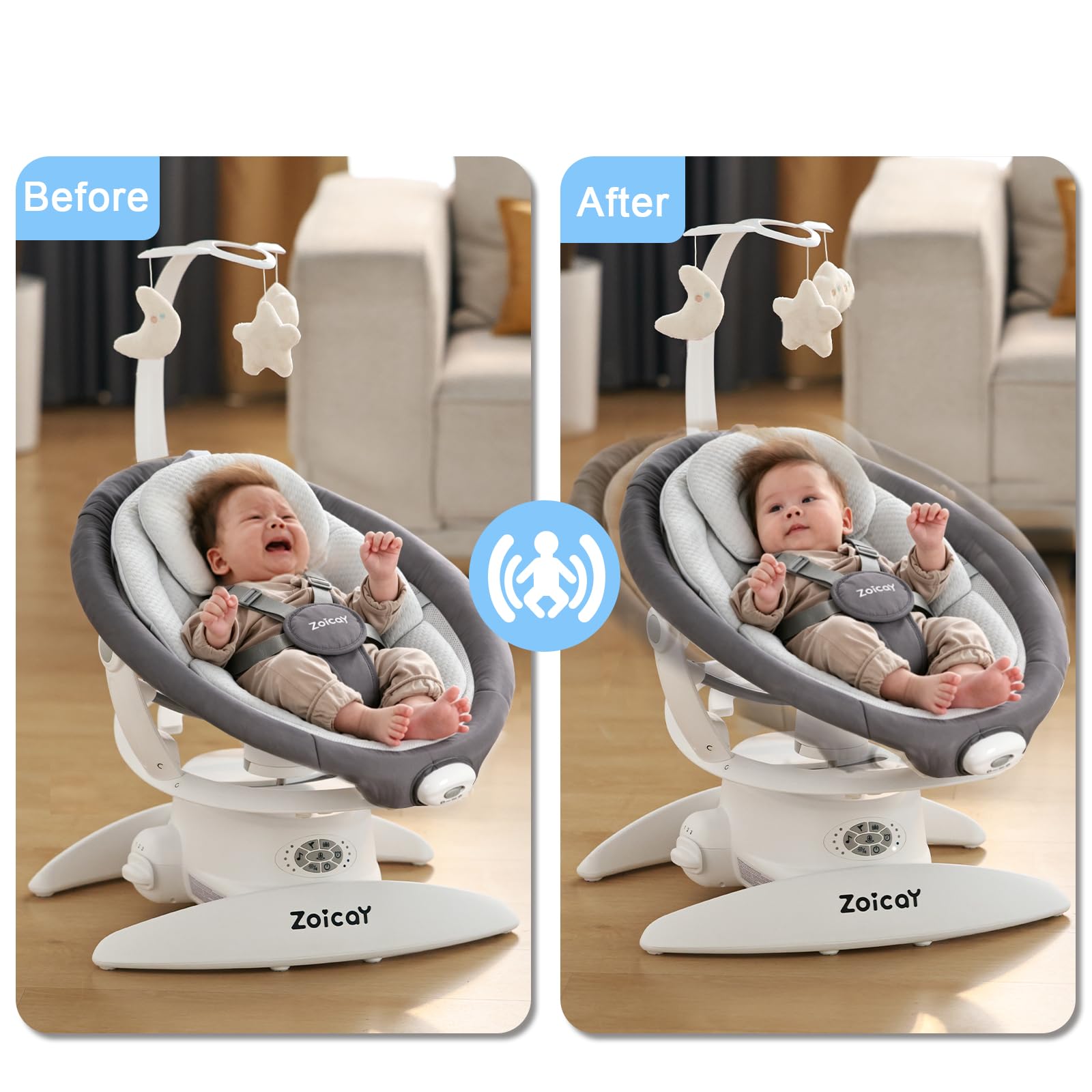 Sdraiette e dondolini con rilevamento del movimento Zoicay 3-in-1 sdraietta neonati regolabile a 360° e bluetooth e telecomando funzione di timer e musica integrata per uso indoor&outdoor (Grigio)